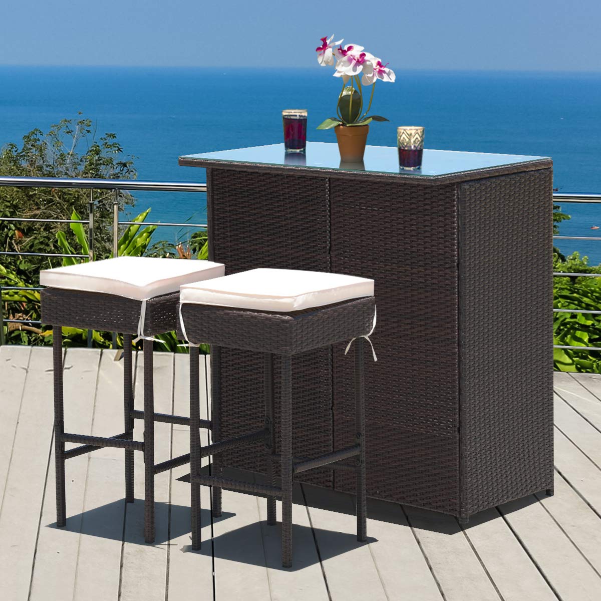 Tangkula 3-Piece Outdoor Patio Bar Set - Rattan Wicker Bistro Set with 2 Cushioned Bar Stools & Tempered Glass Table - Weather-Resistant Outdoor Furniture for Backyard, Garden, Poolside & Patio (Beige) | Perfect for Entertaining, Relaxing & Outdoor Dining