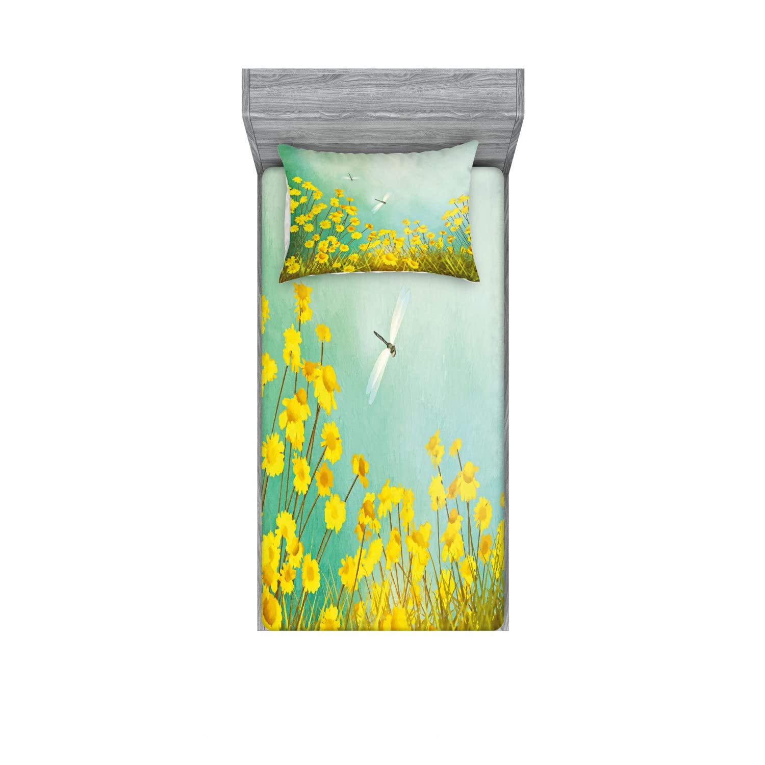 Ambesonne 2-Pack Twin XL Fitted Sheet & Pillow Sham Set - Floral Daisy and Dragonfly Design, 4-Piece Bedding Set in Green & Yellow | Soft Microfiber for Comfortable Sleep, Perfect for Guest Rooms, Dorms, and Kids' Bedrooms