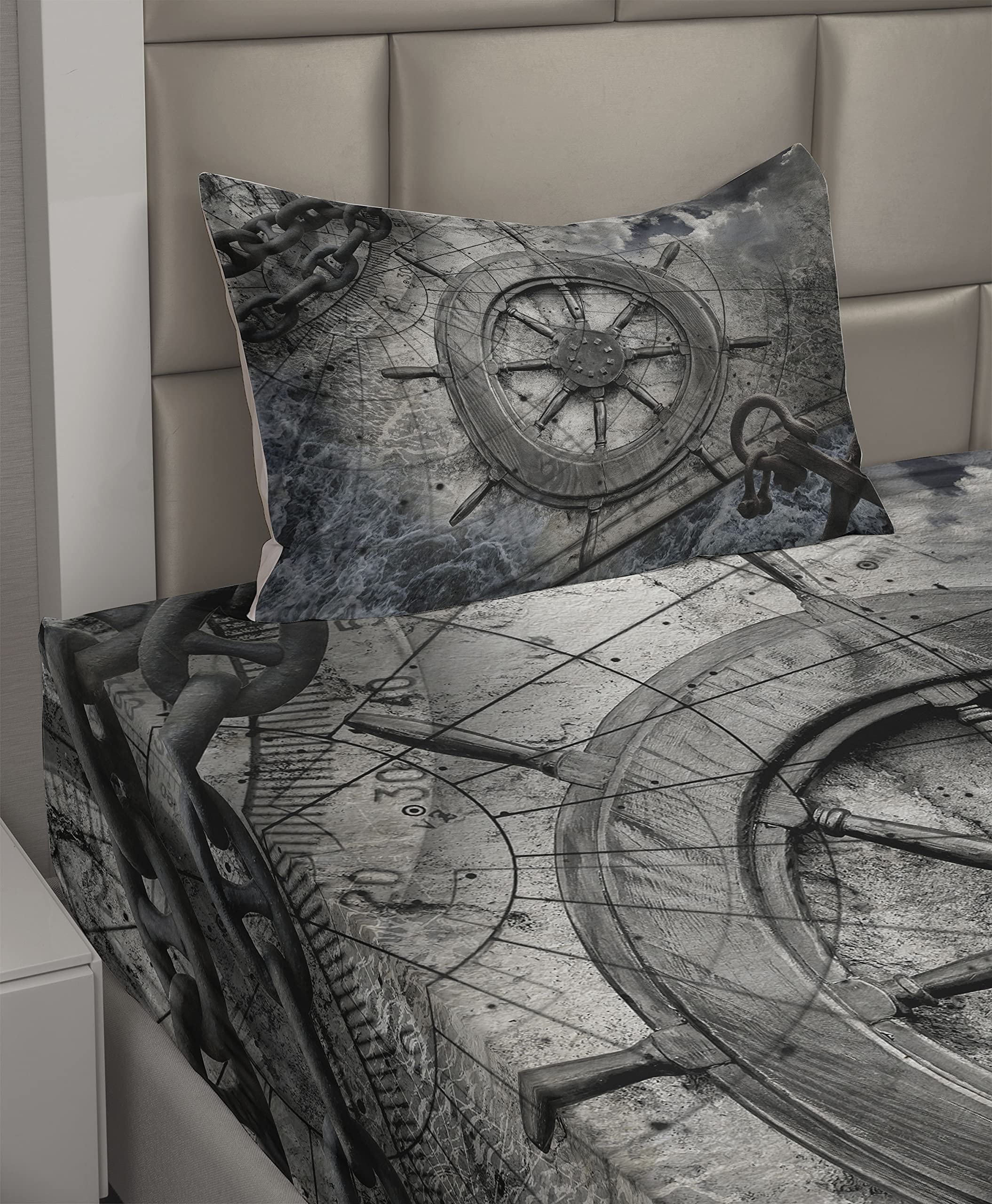 Ambesonne Nautical Themed 3-Piece Bed Sheet Set - Retro Ships Wheel, Anchor & Navigation Charts Design, Twin XL, Charcoal Gray | Perfect for Coastal Decor, Sailor's Bedroom & Maritime Theme Rooms