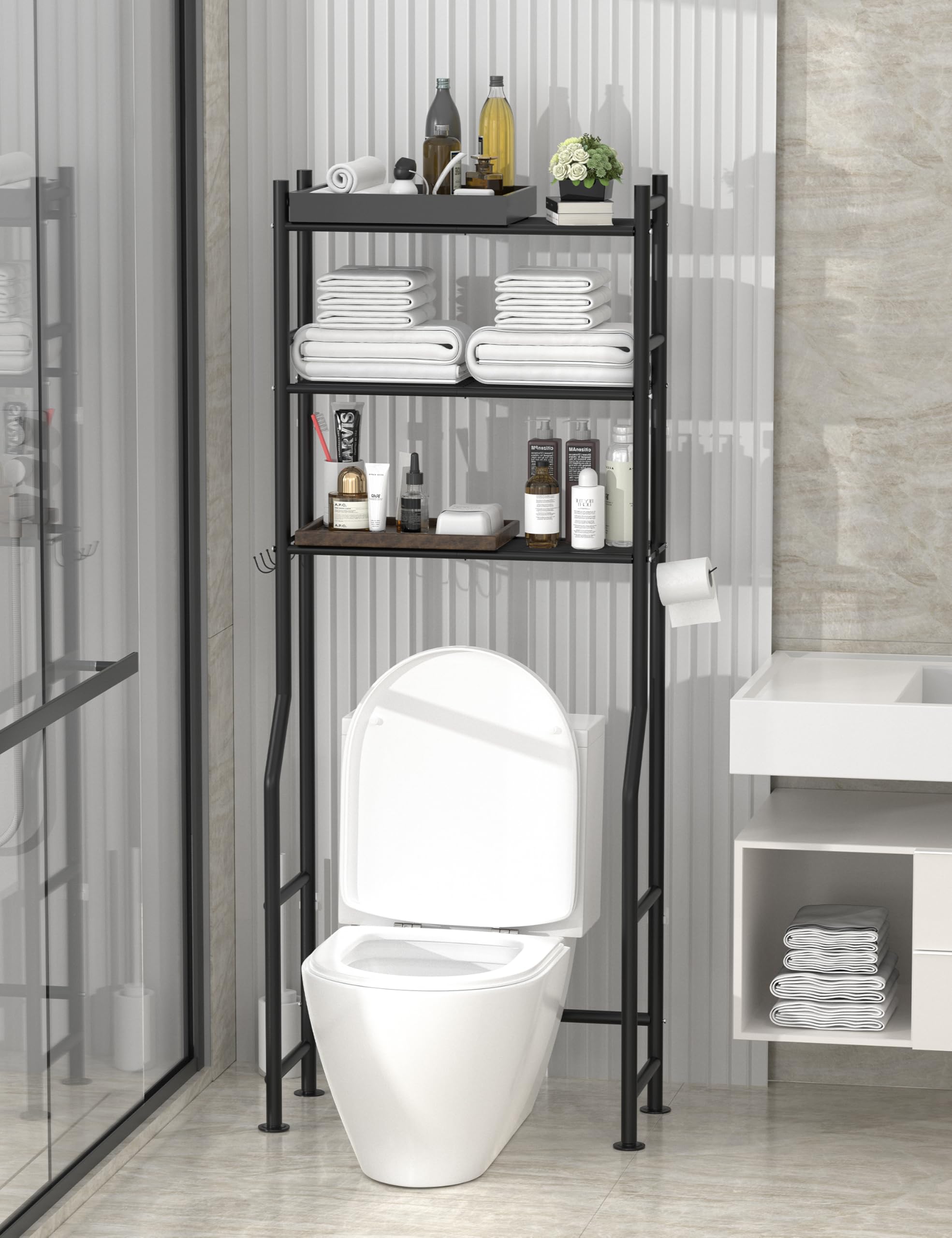 3-Tier Over The Toilet Storage Shelf - Freestanding Metal Bathroom Organizer with 4 Hooks & Paper Holder, Space-Saving Above Toilet Shelf for Towels, Toiletries & Bathroom Essentials - Perfect for Small Bathrooms & Apartments (Black)