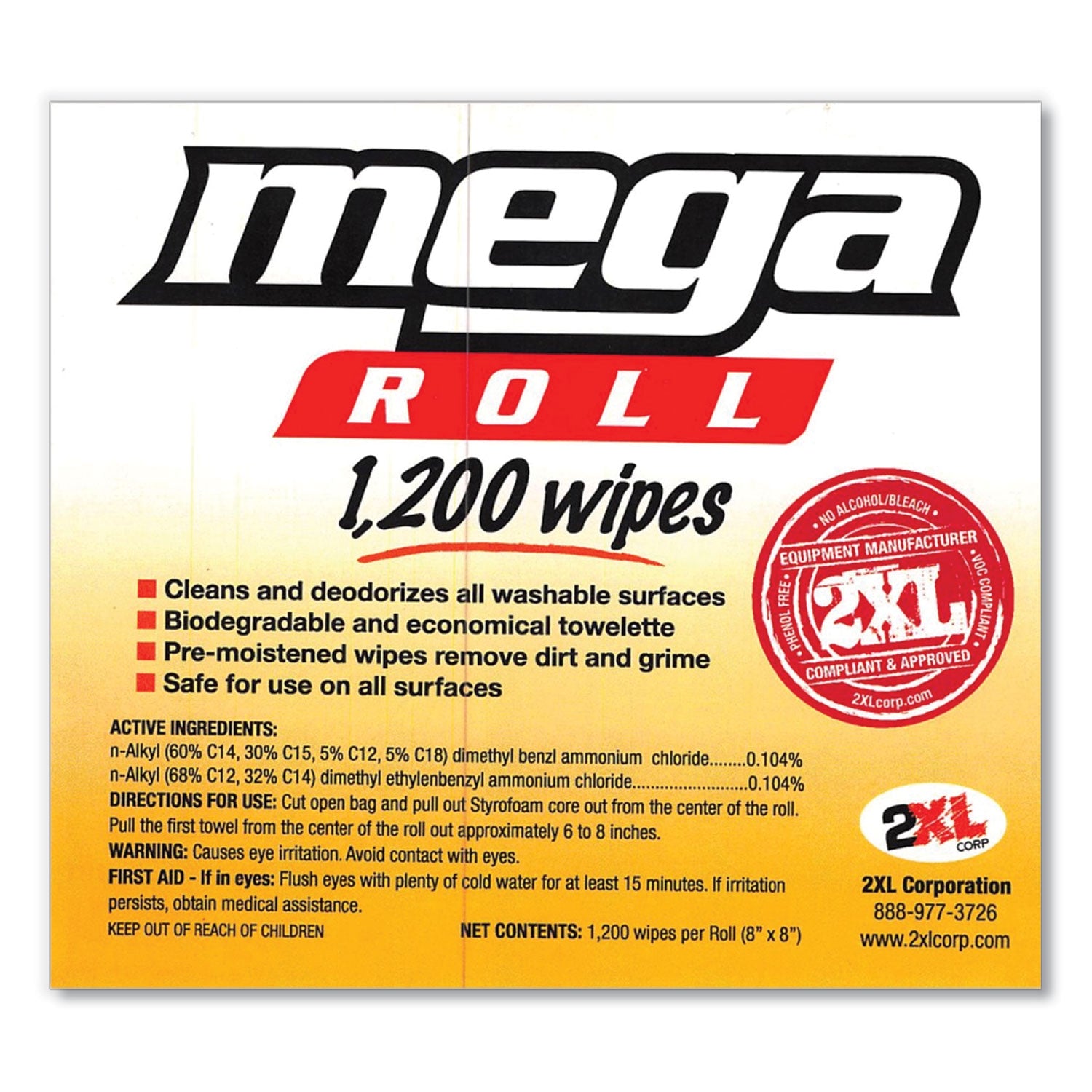 2XL Gym Wipes Mega Roll Refill - 8x8 Inch Unscented White Cleaning Wipes (1200 Wipes/Roll, 2 Rolls/Carton) for Gym Equipment, Yoga Mats & Fitness Gear
