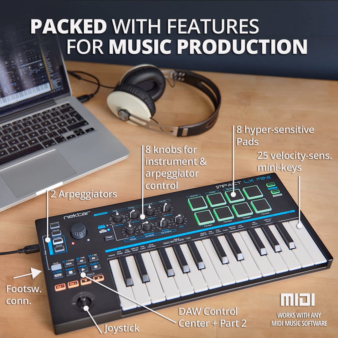 Nektar Impact LX Mini - 25-Key USB MIDI Controller Keyboard with DAW Integration | Compact Music Production Keyboard for Home Studio, Live Performance & Beat Making | Black
