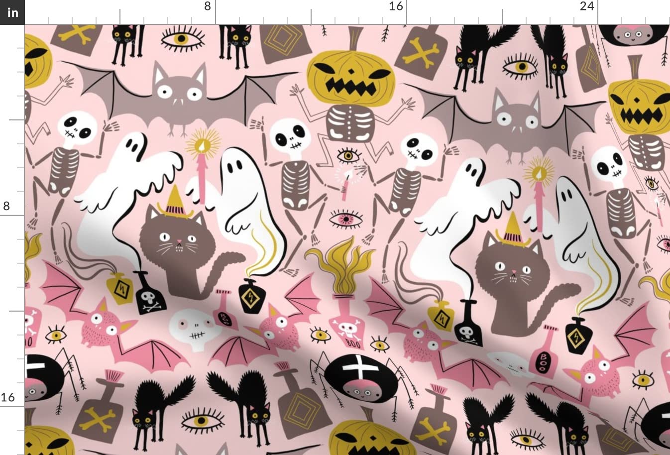 Halloween Cat Rose Bat Skull Skeleton Printed Satin Fabric - Scary Pastel Spider Design for Sewing, Apparel, Blankets & Home Decor - Perfect for Costumes, Quilting & DIY Crafts