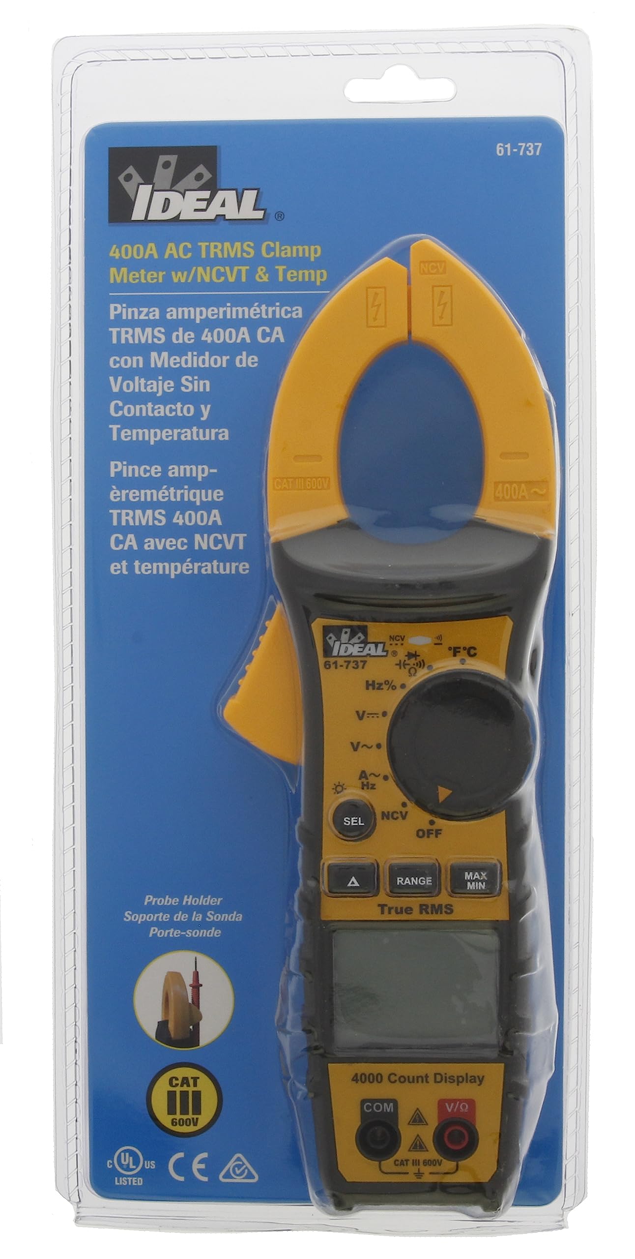 IDEAL INDUSTRIES INC. 61-737 Digital AC Clamp Meter 400 Amp 600V - Professional Electrical Tester for HVAC, Automotive & Industrial Use