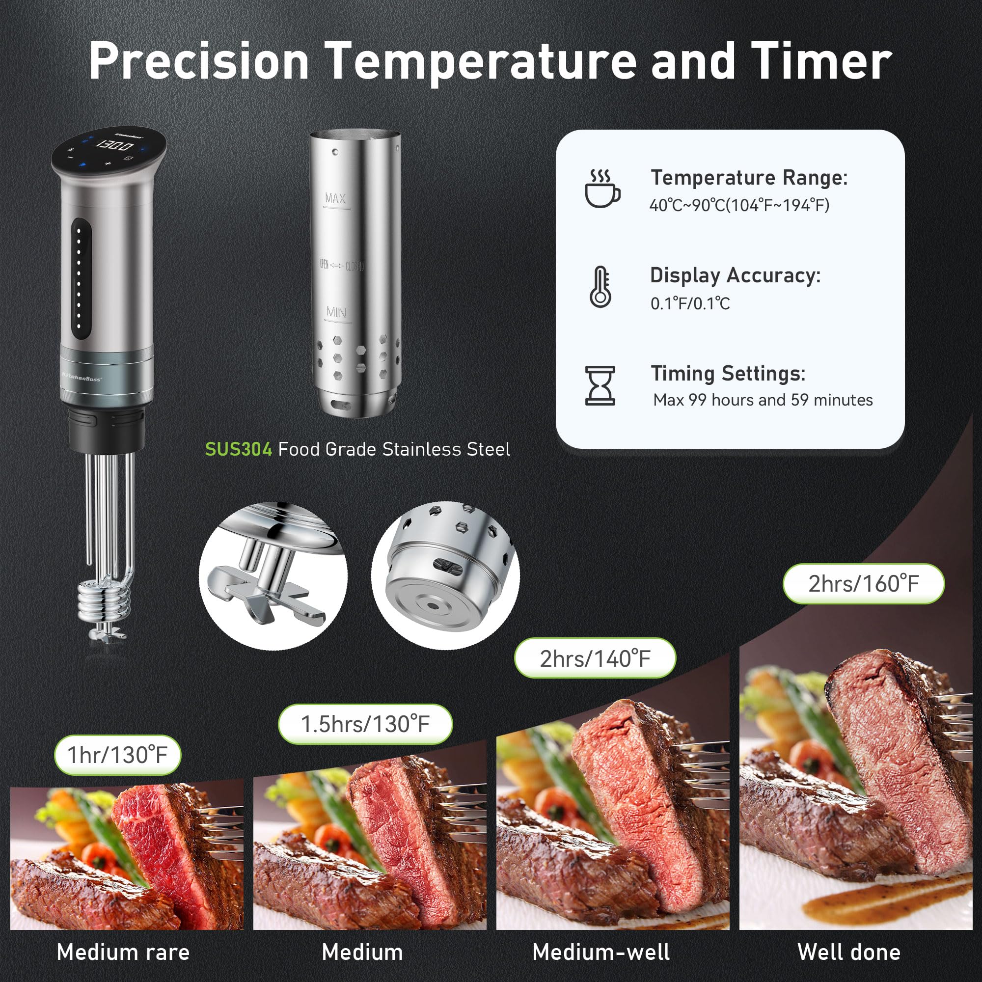 KitchenBoss 1100W WiFi Sous Vide Precision Cooker - Ultra Quiet Immersion Circulator with APP Control, IPX7 Waterproof, Digital Temperature Display (Silver) | Perfect for Steak, Chicken, Fish & Home Cooking