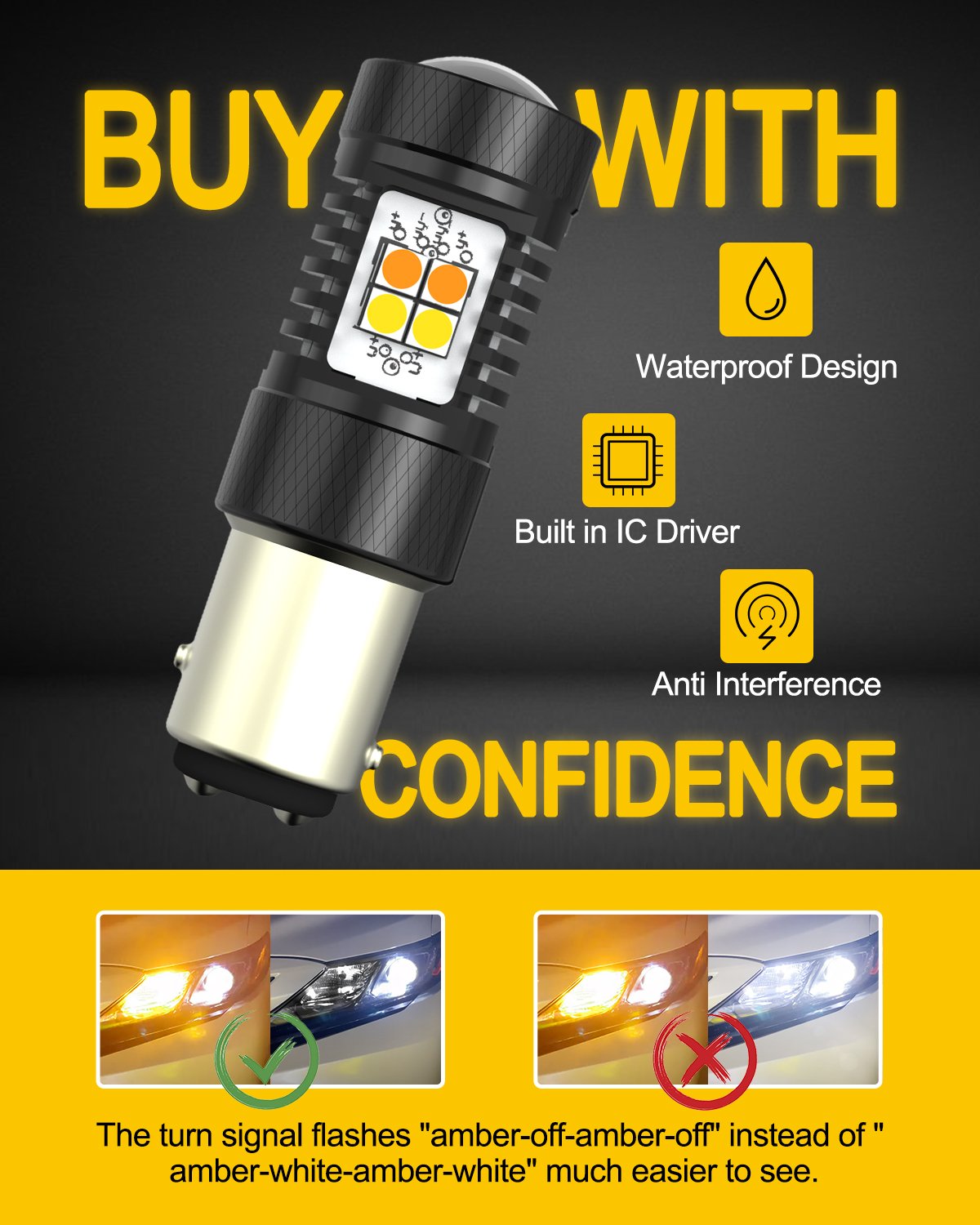 1157 LED Switchback Bulb - Amber/White Turn Signal Light with 3030 SMD Chips & Projector - Compatible with Parking Lights & Daytime Running Lights (DRL) - Perfect for Cars, Trucks, SUVs & Motorcycles