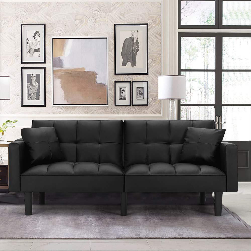 Modern Leather Convertible Futon Sofa Bed - Adjustable Back Recliner with Armrests - Folding Couch for Small Spaces - Black - Perfect for Living Rooms, Apartments & Guest Rooms
