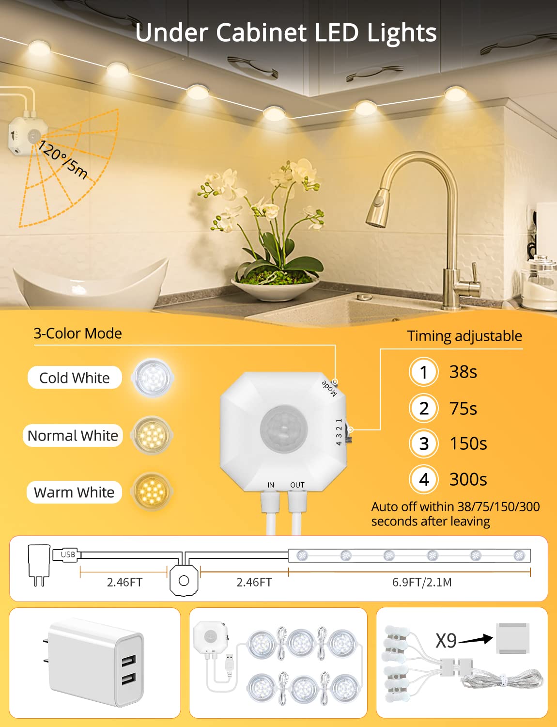 Daymeet Dimmable LED Puck Lights Kit with Motion Sensor - USB Plug in Under Cabinet Lighting for Kitchen, Wardrobe, Hallway & Bedroom | Energy Saving Closet Lights, Night Lights & Counter Lights for Home & Office Use