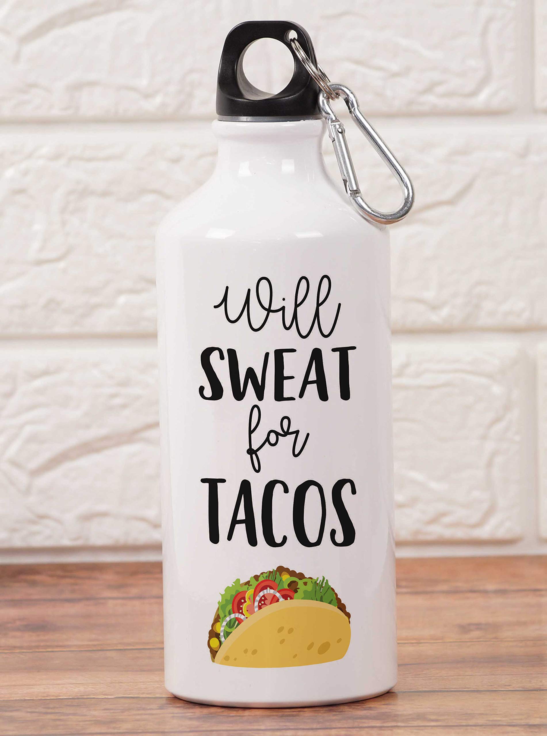 Printtoo 'Will Sweat for Tacos' Aluminum Sports Water Bottle with Carabiner Clip - 750ml/25.3oz - Perfect for Gym, Hiking & Outdoor Adventures
