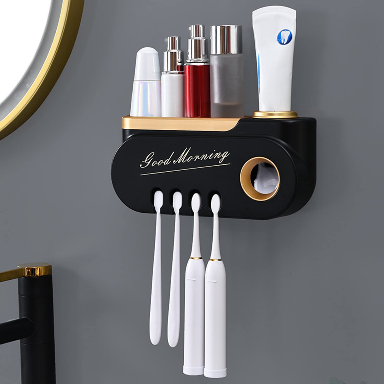 Automatic Toothpaste Dispenser & Wall Mounted Toothbrush Holder with 4 Cups - Bathroom Organizer with Large Storage Tray for Toothbrushes, Razors, and Essentials | Perfect for Small Bathrooms, Kids' Bathrooms, and RVs