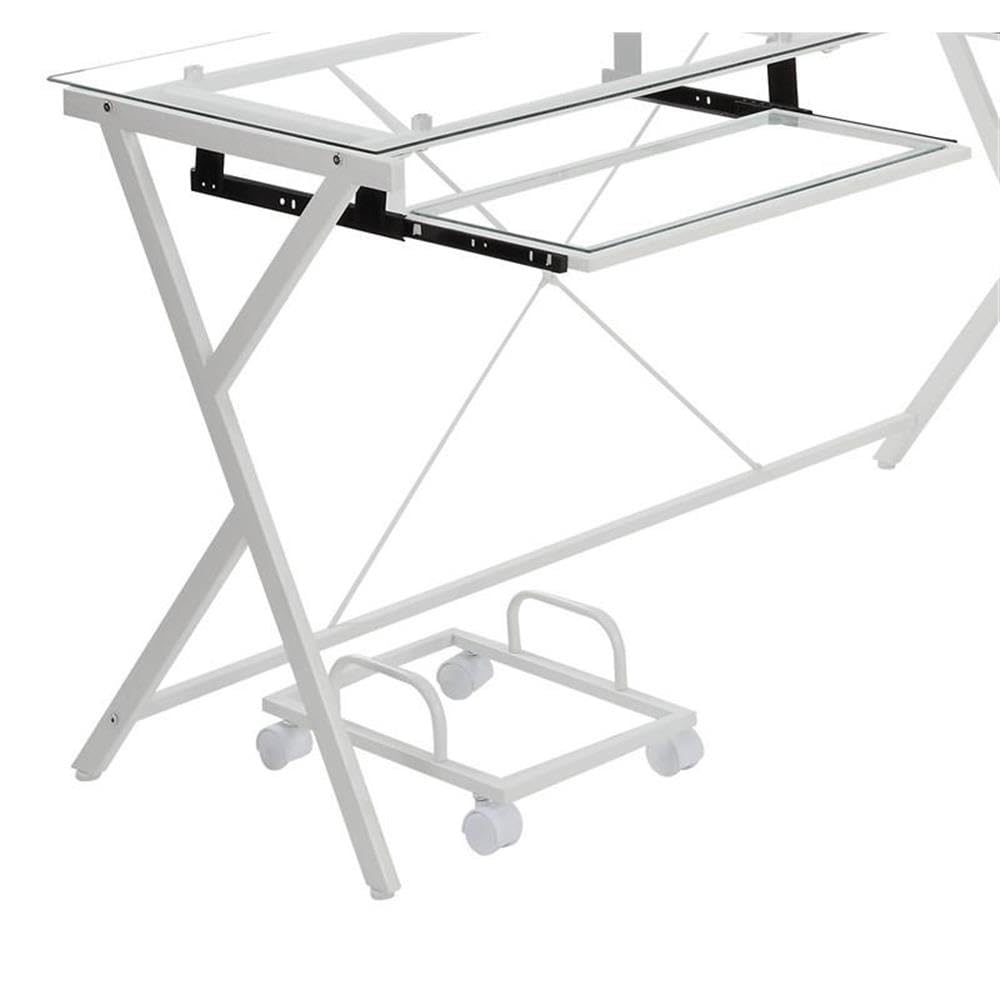 Acme Demas L-Shaped Glass Computer Desk with Holder - Clear & White Modern Office Desk for Home & Workspace | Perfect for Small Spaces, Gaming Setup & Remote Work