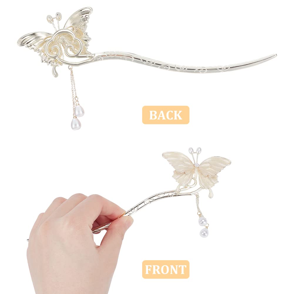 Butterfly Pearl Hair Chopsticks - 2 Pack Chinese Metal Hair Sticks for Women & Girls | Elegant Chignon Hair Clip & Hair Accessories for Weddings, Parties & Daily Styling