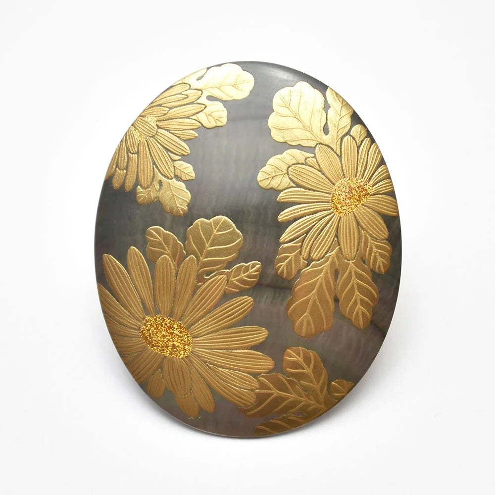 Exquisite Maki-e Urushi Lacquer Brooch with Black Lip Oyster Pearl Shell & Chrysanthemum Design | Traditional Japanese Lacquer Jewelry | Perfect for Formal Occasions, Gift Giving & Cultural Fashion Statements