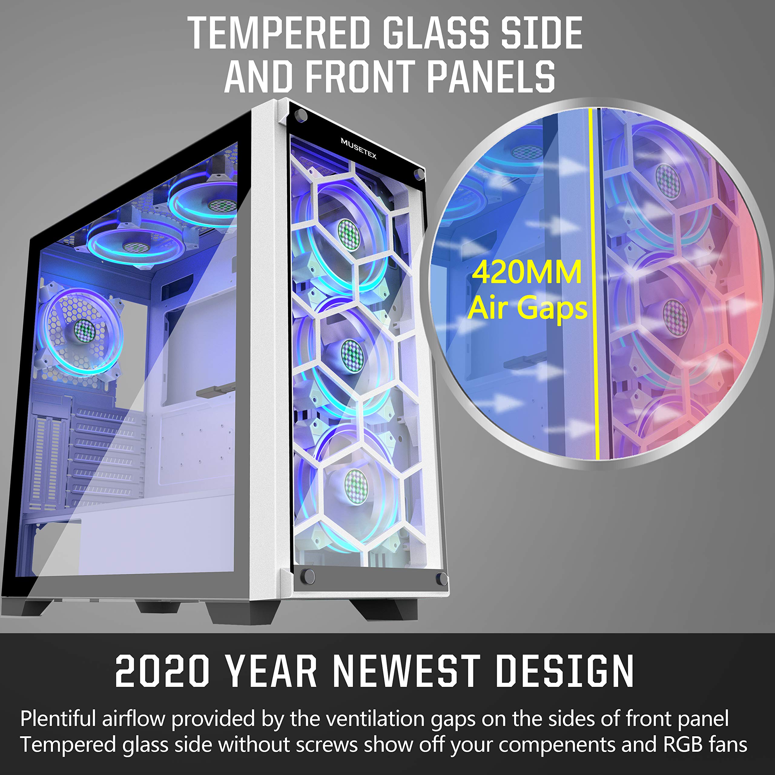 MUSETEX Mid-Tower ATX PC Gaming Case with 6 ARGB Fans, 2x USB 3.0 Ports, Tempered Glass Panels & Voice Remote Control - Supports E-ATX Motherboard for High-Performance Gaming & Streaming Setup