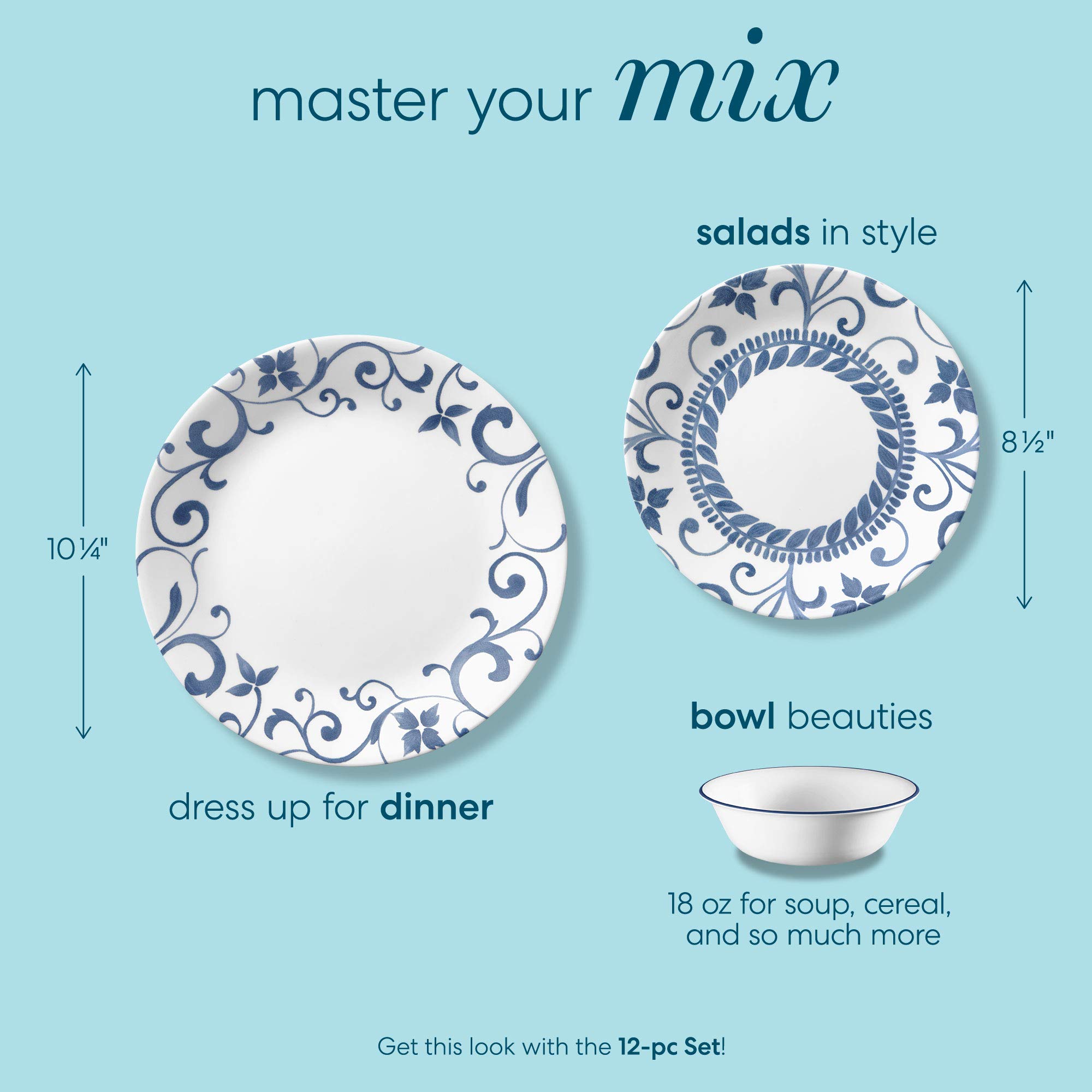 Corelle 12-Piece Dinnerware Set for 4 - Chip Resistant Glass Plates & Bowls - Artemis Pattern - Vitrelle Technology - Perfect for Everyday Dining, Dinner Parties & Family Meals