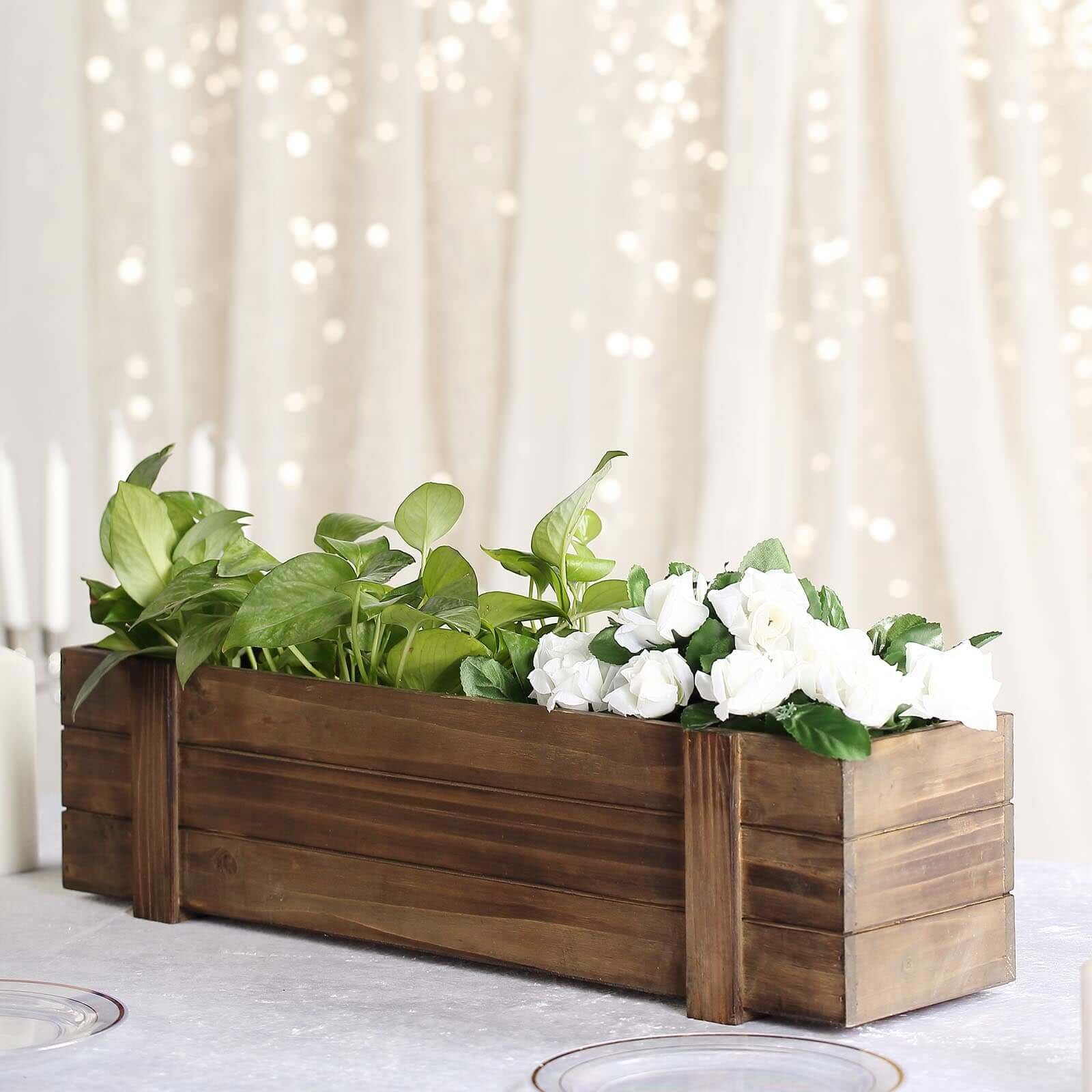 Efavormart 24x6 Inch Smoked Brown Rectangle Wooden Planter Boxes with Plastic Liner - DIY Rustic Wedding Party Decor for Centerpieces, Home Garden, and Outdoor Decorations