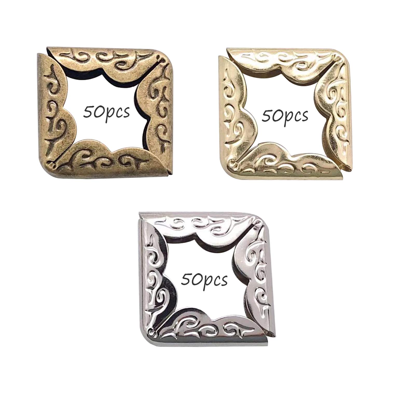 150PCS Metal Book Corner Protectors - Gold, Silver & Bronze (50PCS Each) - Scrapbook Album, Menu Folder Edge Guards for Home, Office & School Use