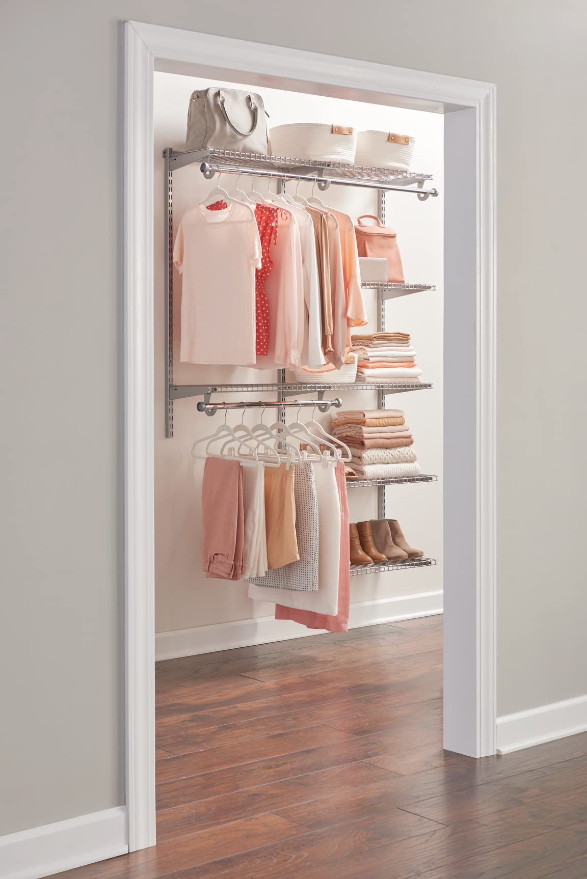 Rubbermaid Configurations Deluxe Custom Closet Organizer Kit - 4 to 8 Feet Adjustable Metal Wire Shelving System with Titanium Finish | Expandable Storage Solution for Home Closet, Pantry, Laundry Room & Mudroom Organization | Includes All Hardware for Easy Installation