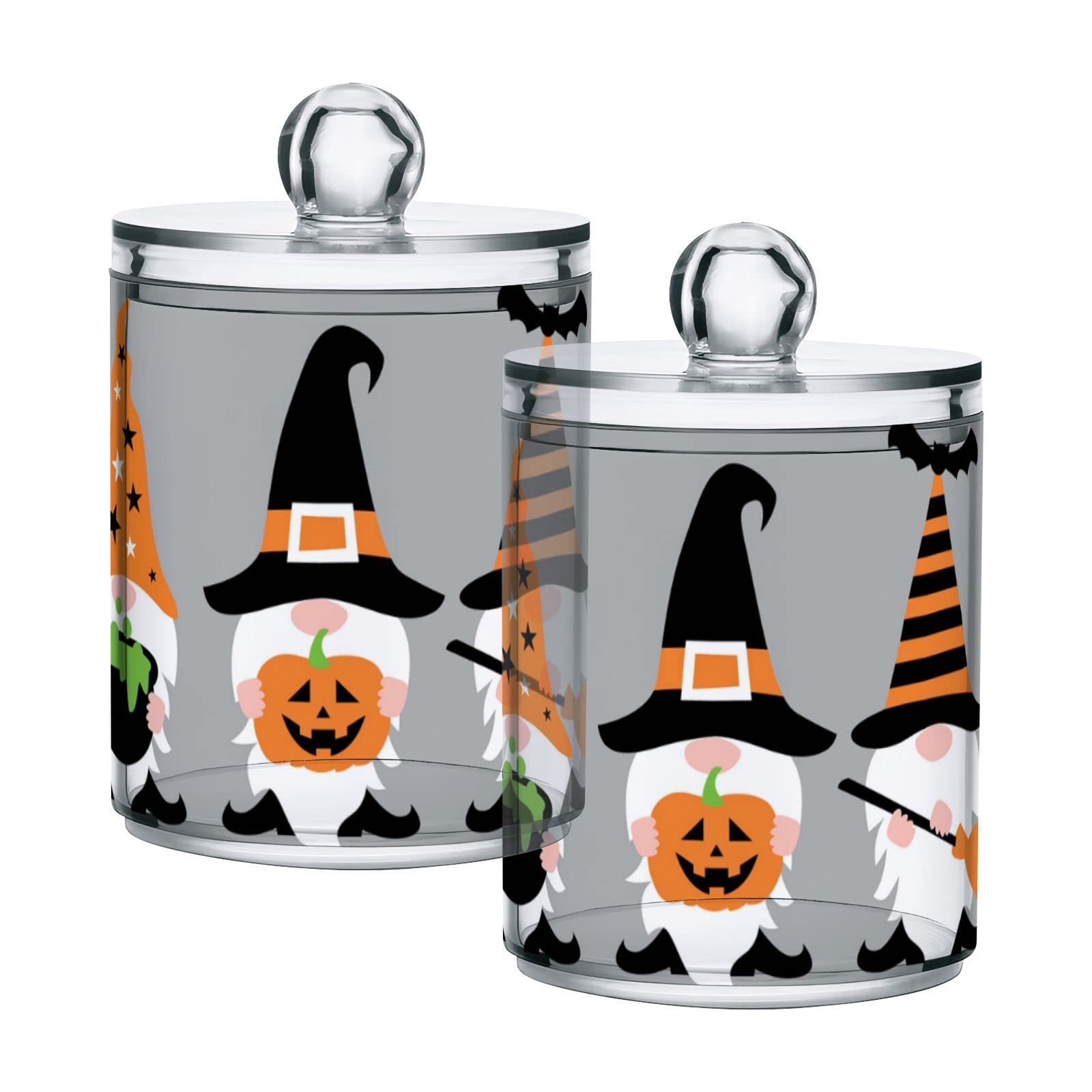 Halloween Gnome Decor with Orange Hats & Pumpkins - Set of 2 Grey Plastic Storage Jars with Lids (10oz) - Food Safe Translucent Containers for Cotton Swabs, Tea, Cookies - Perfect for Halloween Party Decor & Kitchen Organization