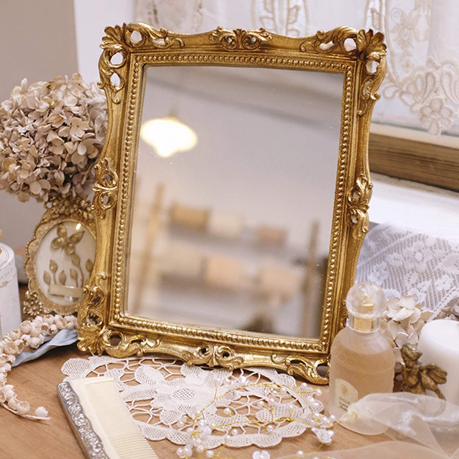 Luxury Ornate Gold Baroque Frame Mirror - Elegant Small Rectangle Square Wall Mirror for Vanity, Makeup & Decor | Perfect for Bedroom, Bathroom & Dressing Room