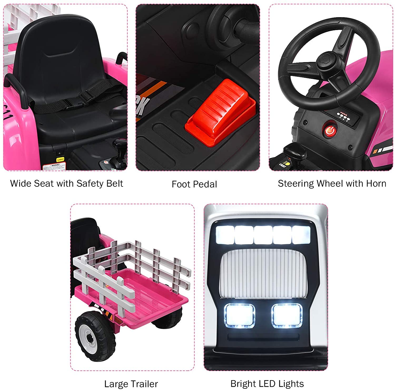 GLACER 12V Battery Powered Kids Ride on Tractor with Trailer - Remote Control Electric Toy Car with 3-Speed Gear Shift, LED Lights, Music & USB Port - Pink Ground Loader Tractor for Outdoor Play, Backyard Fun & Birthday Gifts for Toddlers Ages 2-5 Years