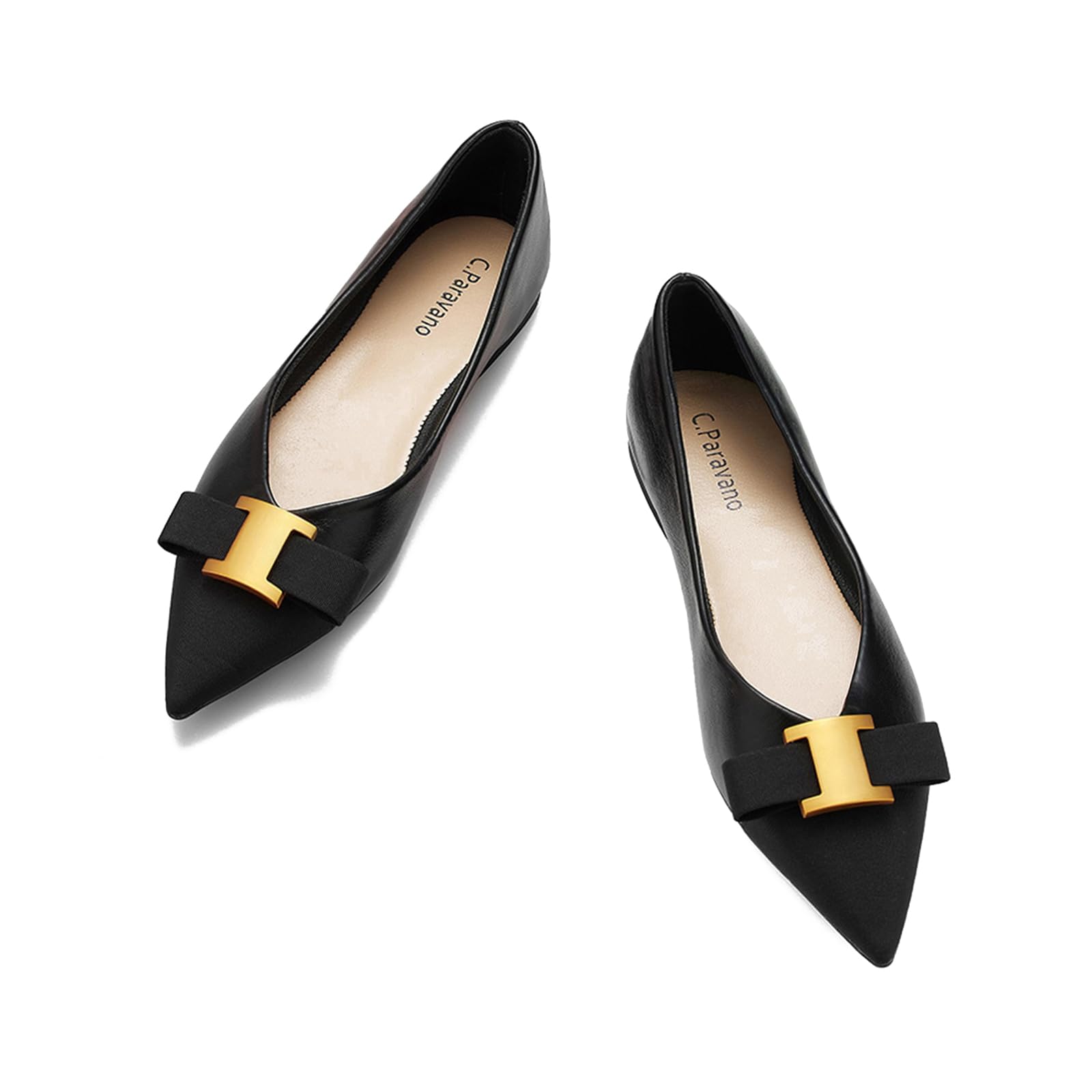C.Paravano Women's Leather Pointed Toe Ballet Flats - Slip On Dressy Shoes for Work, Office & Wedding - Comfortable Women's Flats for Everyday Wear