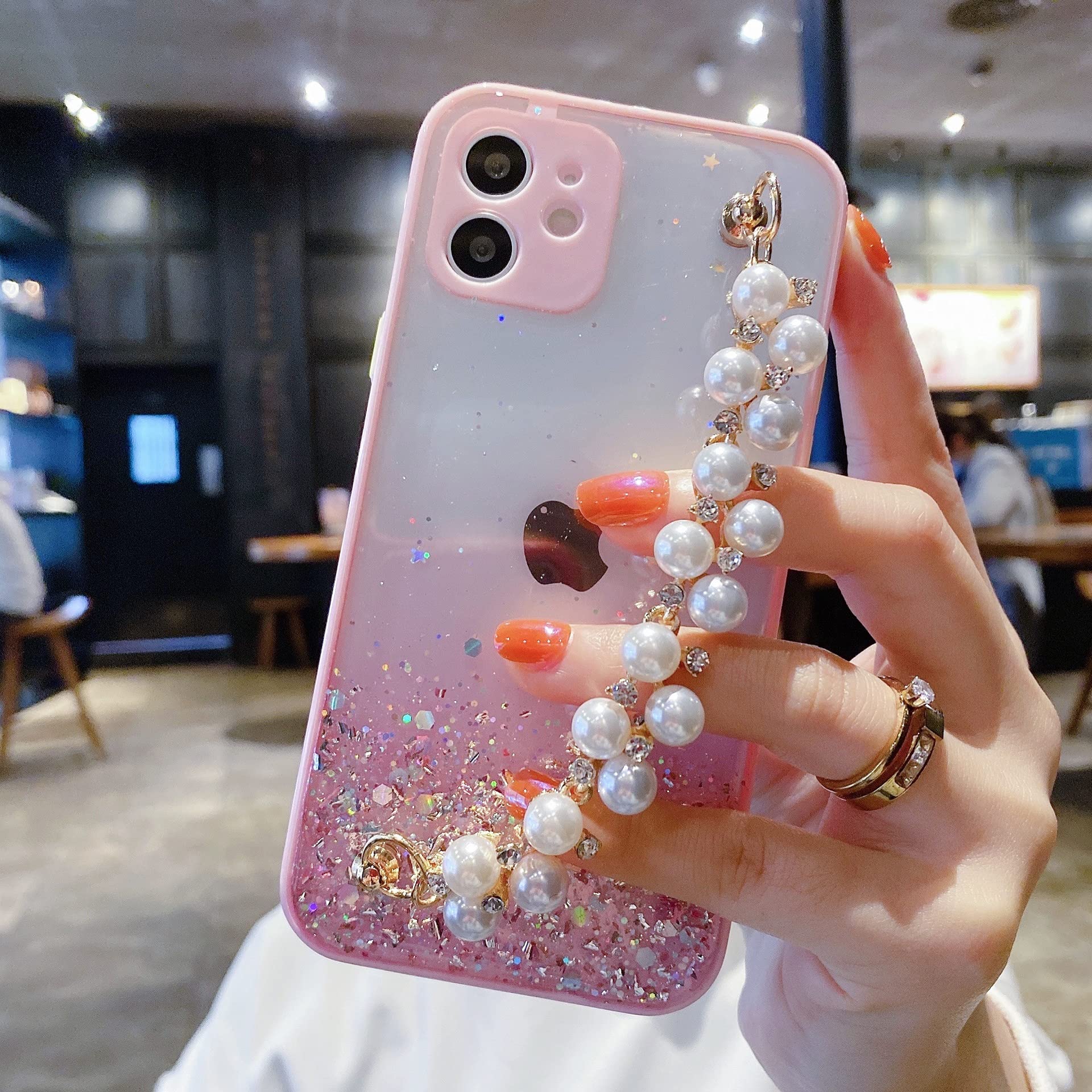 Sparkly Glitter Clear Phone Case for iPhone 13 Pro Max - Cute Bling Star Design with Pearl Chain Bracelet Strap, Soft TPU Shockproof Protective Cover (Pink) - Perfect Gift for Women & Girls, Great for Parties, Daily Use & Fashion Accessories