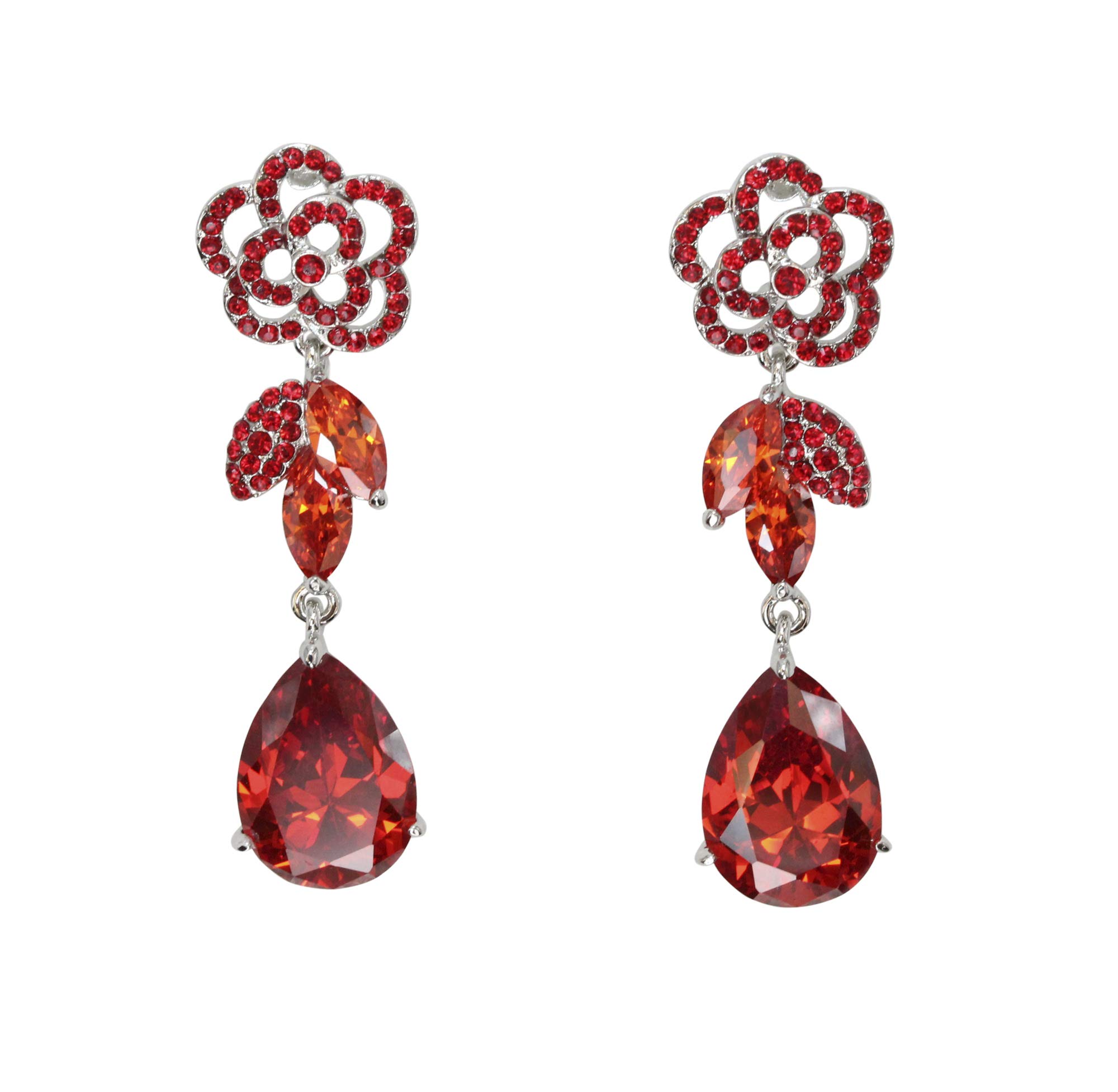 Faship Gorgeous CZ Crystal Dangling Rose Floral Earrings for Women - Elegant Cubic Zirconia Flower Drop Earrings for Party, Wedding & Special Occasions