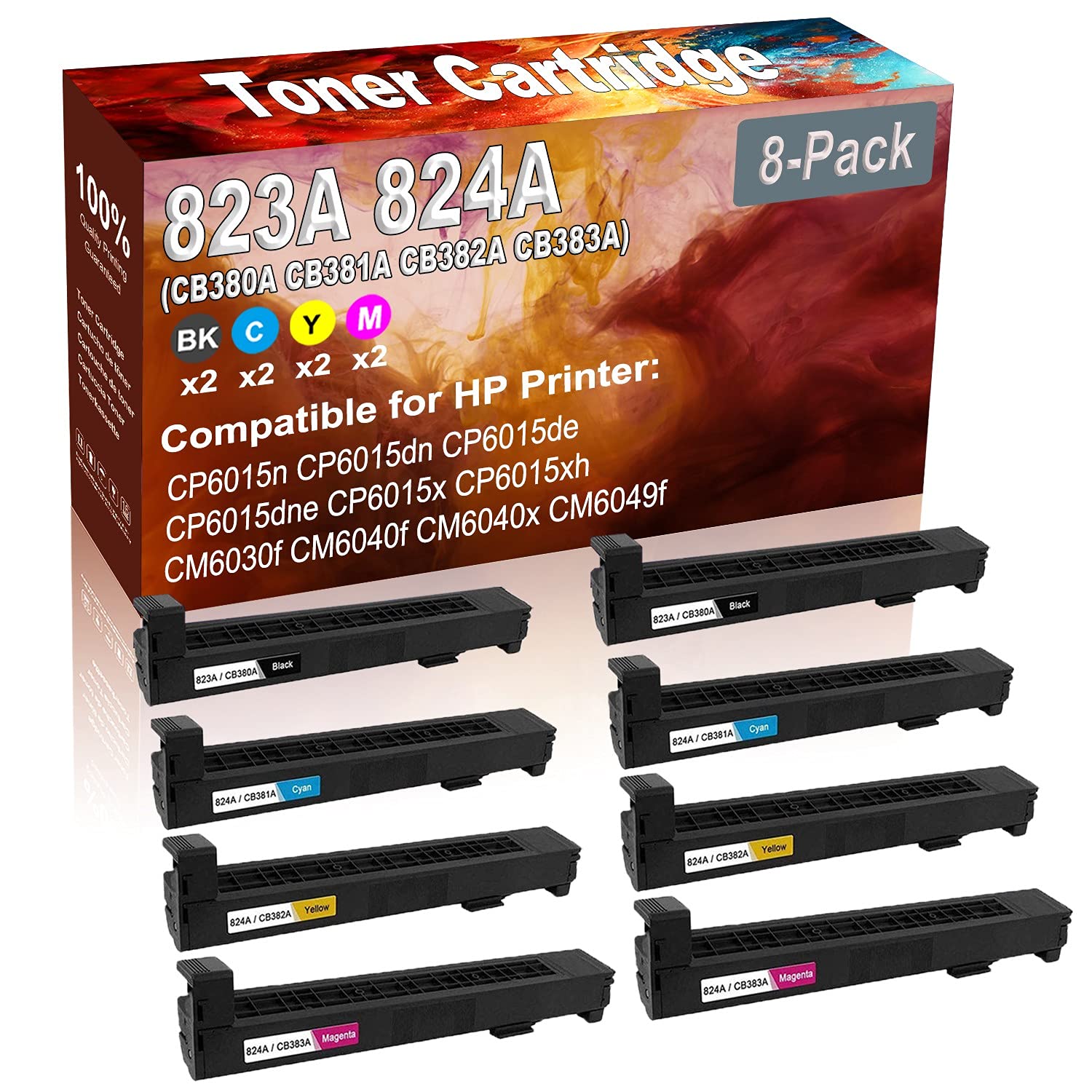 8-Pack (2BK+2C+2Y+2M) High Yield Compatible CP6015n/CP6015dn Laser Printer Toner Cartridge - Replacement for HP 823A/824A (CB380A/CB381A/CB382A/CB383A) - Perfect for Office Printing & Bulk Document Production