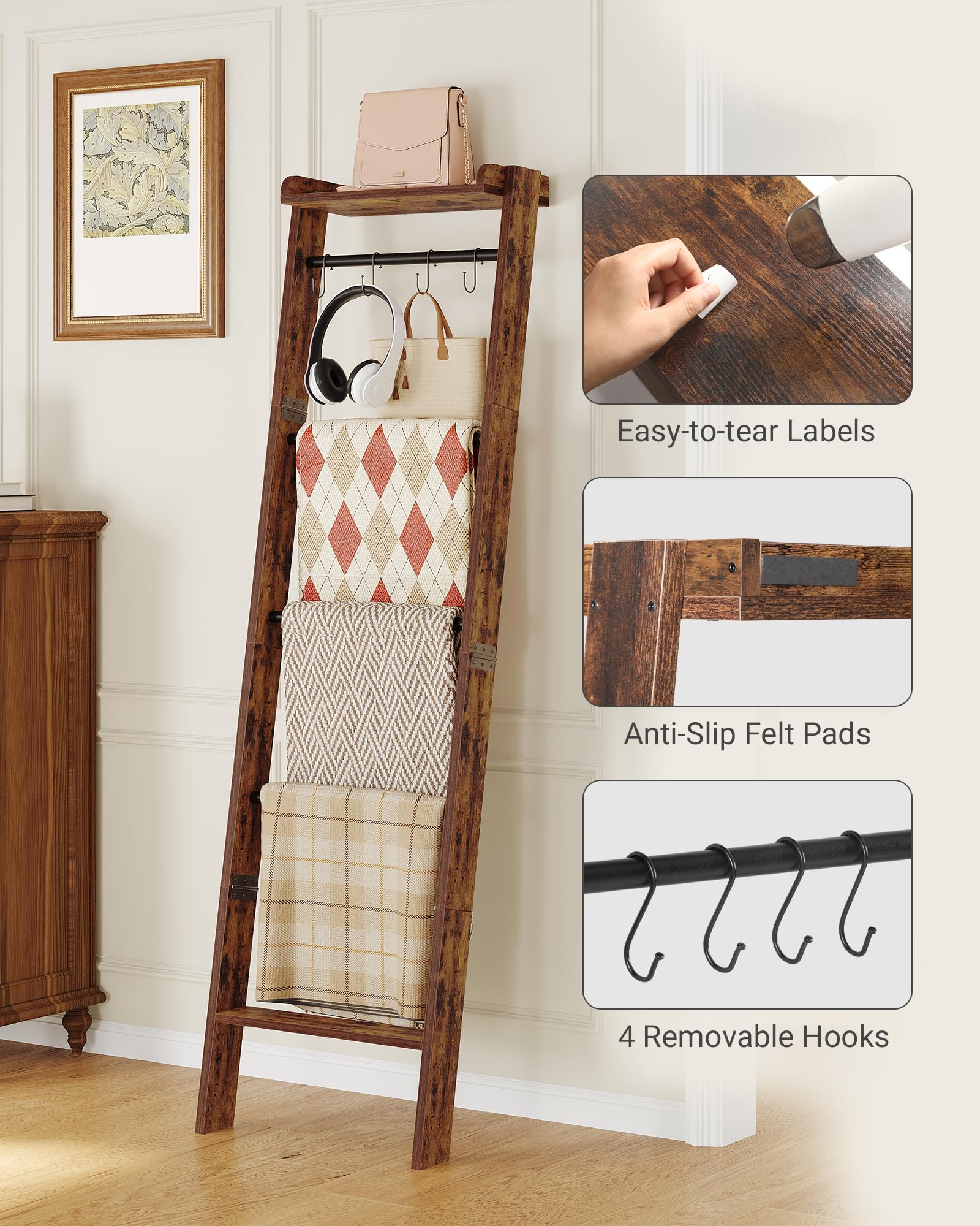 6-Tier Farmhouse Blanket Ladder Shelf - Rustic Brown & Black Storage Organizer with 4 Removable Hooks | Decorative Quilt Rack for Living Room, Bedroom & Home Decor | Perfect for Blanket Display, Towel Storage & Cozy Farmhouse Style