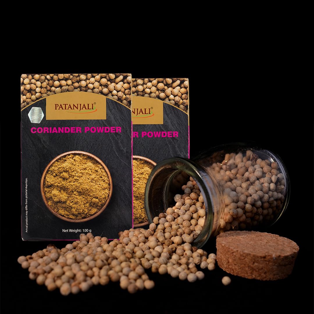 Organic Patanjali Coriander Powder 100g (0.22 lb) - Pack of 2 | Fresh Ground Dhania Spice for Indian Cooking, Curry, Soup & Seasoning | Premium Quality Cilantro Powder for Home & Restaurant Use