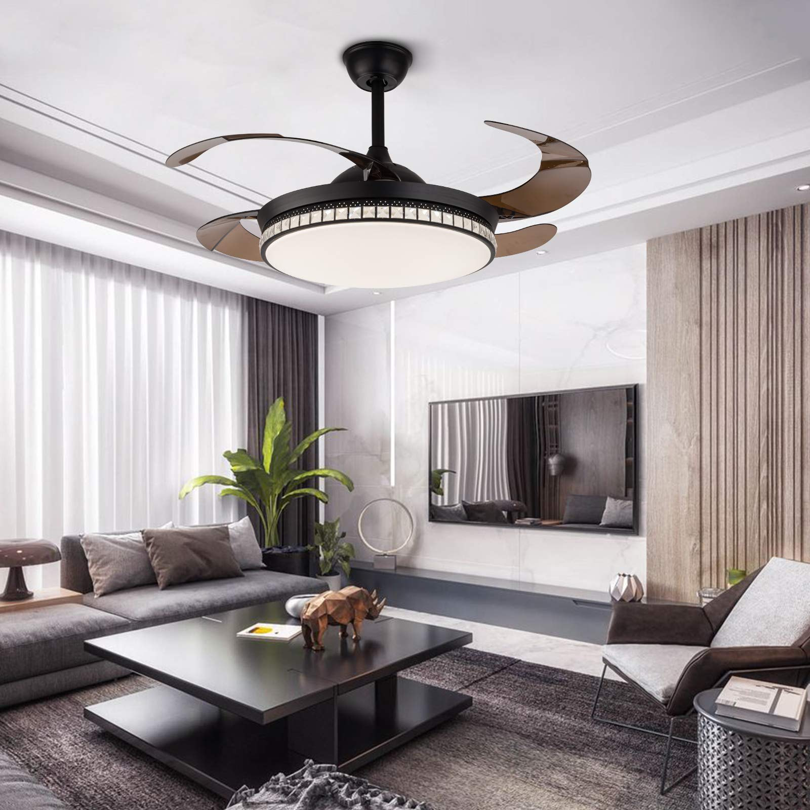 42 Inch Modern Crystal Ceiling Fan with Remote Control - 4 Retractable Blades, Quiet Motor & Timer Function - Energy Efficient Indoor Ceiling Light with Fan for Bedroom, Living Room, Kitchen (Black) | Perfect for Home Cooling & Stylish Lighting Decor