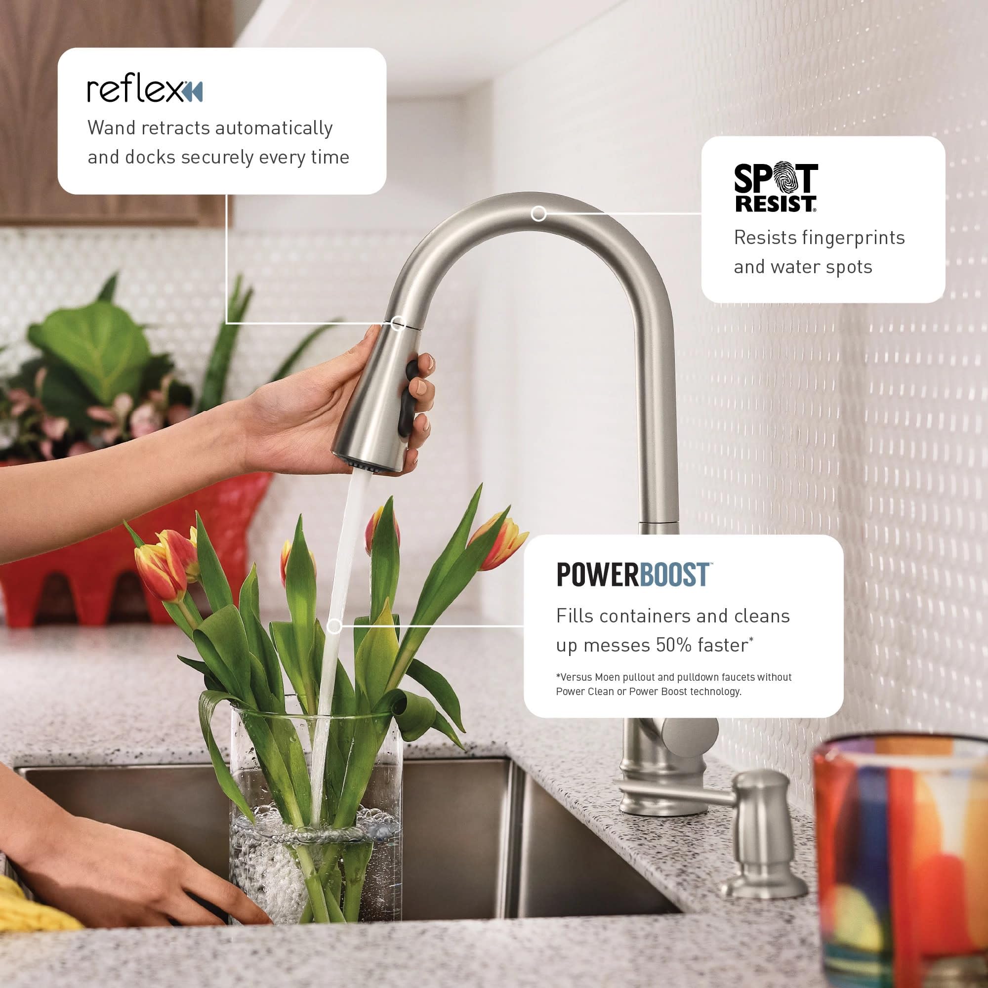 Moen Haelyn Spot Resist Stainless Steel Single-Handle Pull-Down Sprayer Kitchen Faucet with Power Boost Technology for Faster Cleaning | Includes Soap Dispenser | Model 87627SRS | Perfect for Modern Kitchens and Busy Households