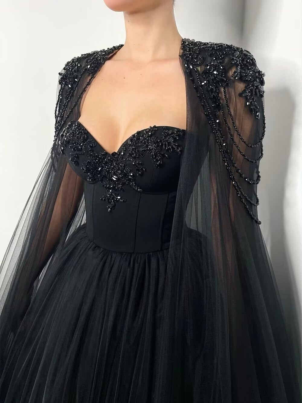 Elegant Black Beaded Wedding Dress with Cape | Strapless Tulle Bridal Gown for Bride | Pearly Embellished Long Wedding Dress for Evening Ceremony, Vow Renewal & Formal Events