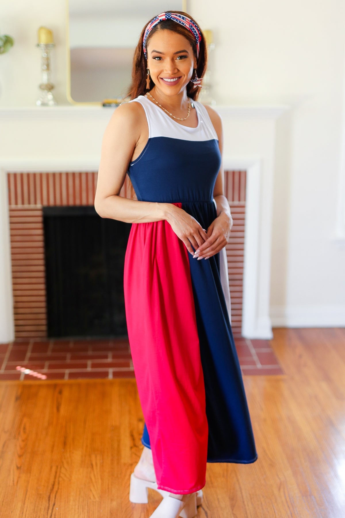American Flag Color Block Fit & Flare Maxi Dress for Women - Perfect for 4th of July, Memorial Day & Patriotic Events