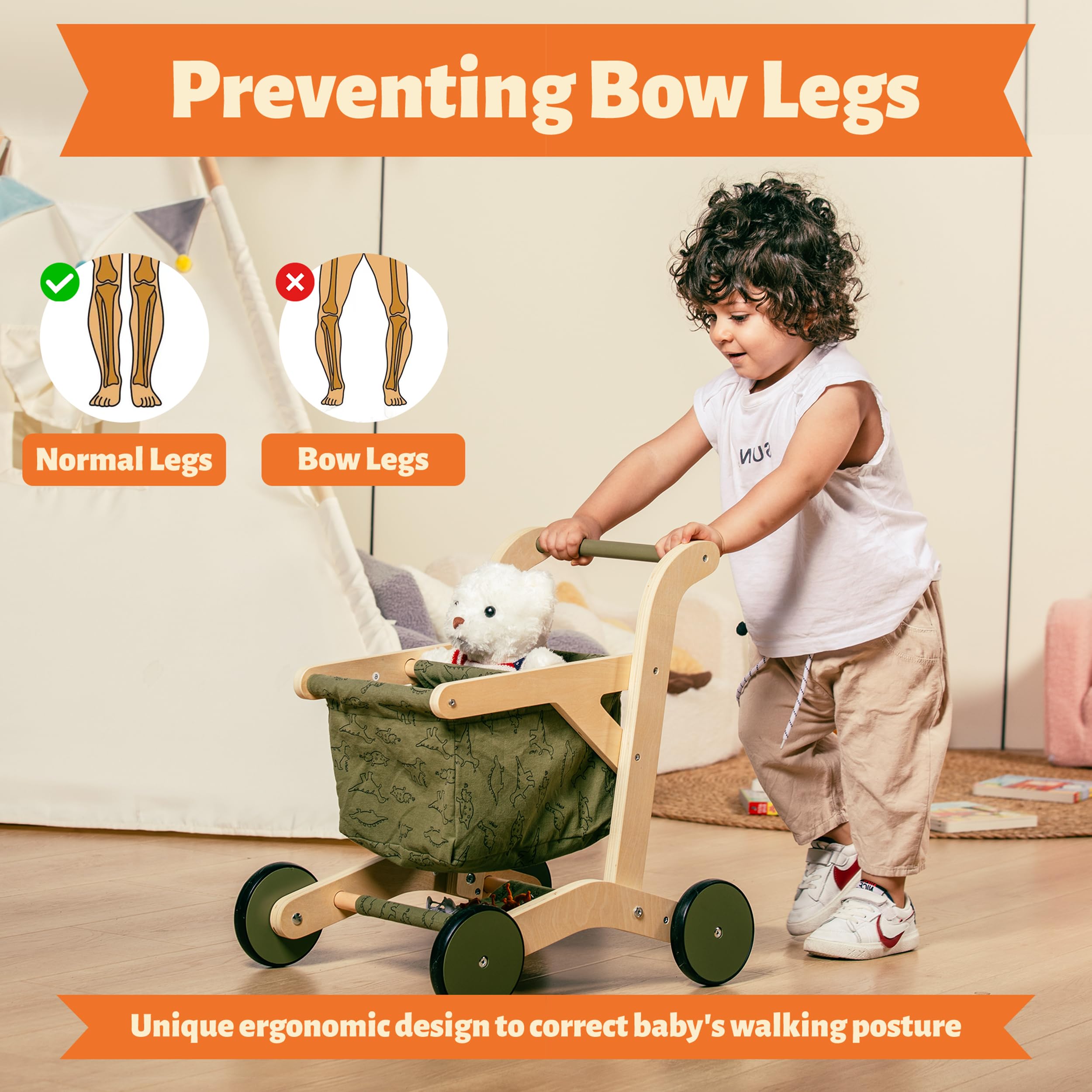 Kobkz Wooden Baby Walker & Push Toy for Toddlers - Natural Wood Learning Walker with Wheels, First Steps Assistant (Green) | Perfect for Early Walking Practice, Indoor Play & Montessori Learning