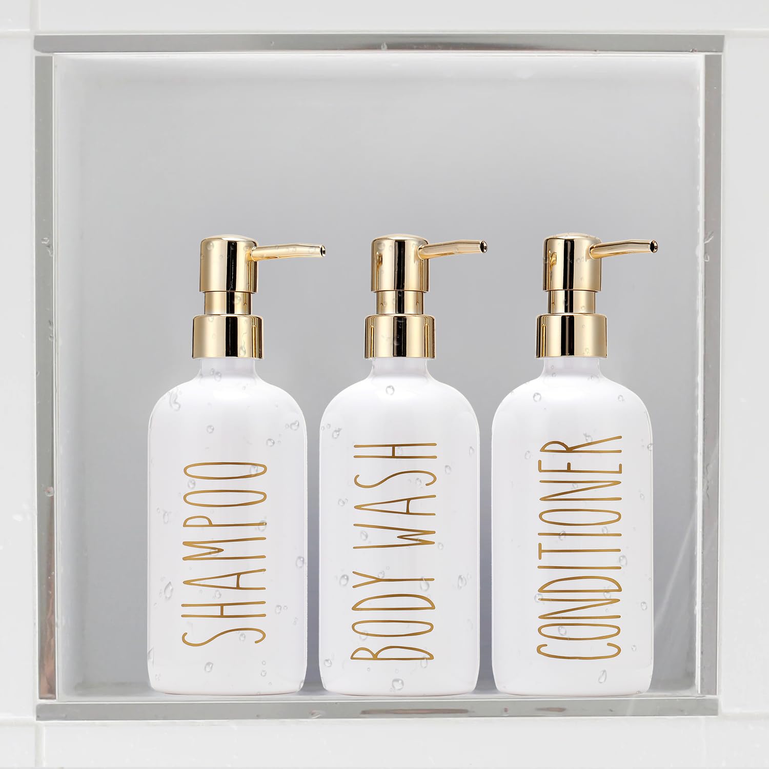 HOMCDALY 21oz Shampoo and Conditioner Dispenser Set of 3 - Refillable Pump Bottles for Shower, Bathroom & Travel - Gold (Perfect for Organizing Shampoo, Conditioner, Body Wash & Liquid Soap)
