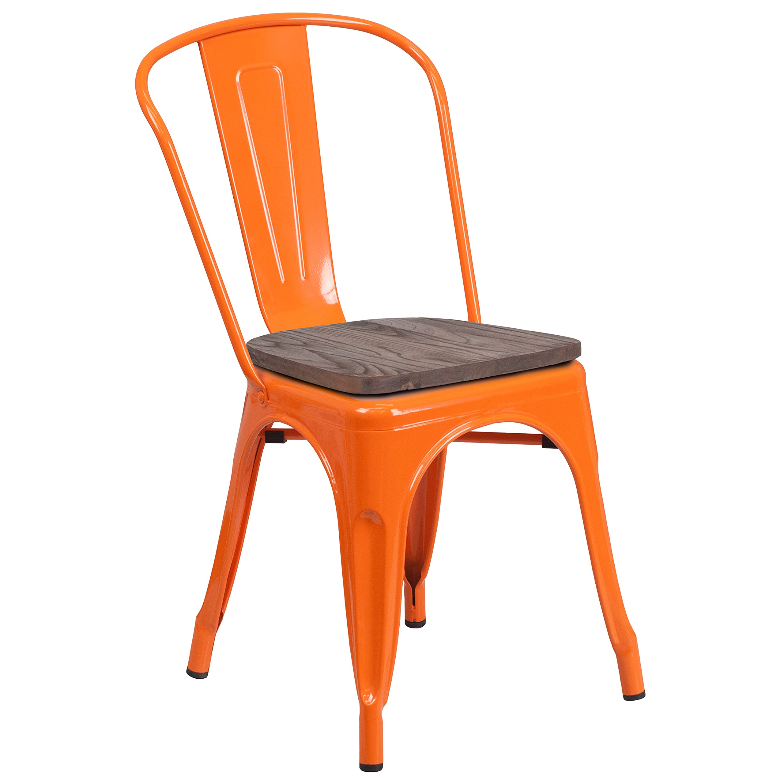 Merrick Lane Amsterdam Metal Chair - Orange Textured Wooden Seat Dining Chair with Slatted Curved Back - Perfect for Kitchen, Dining Room & Outdoor Patio Furniture