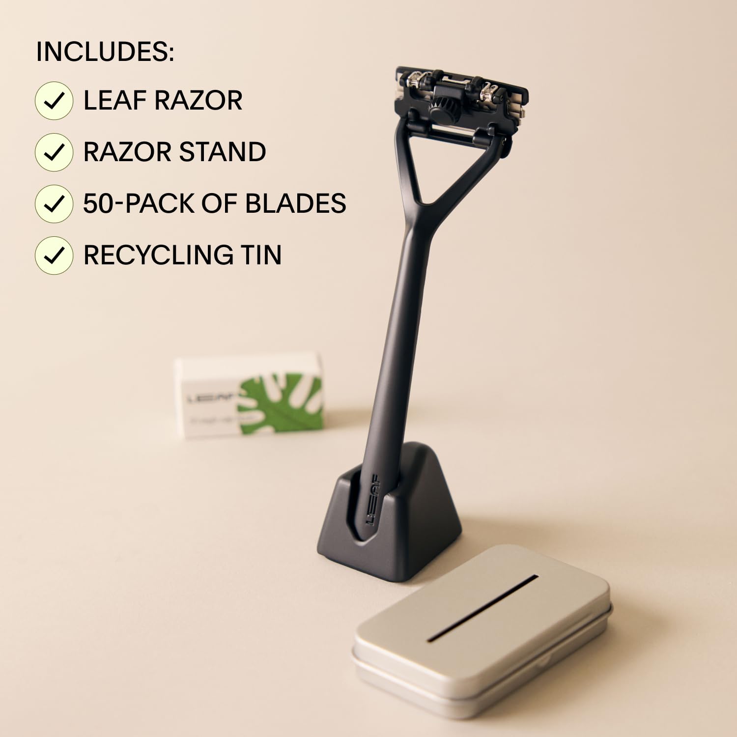 Leaf Razor Set - Eco-Friendly Safety Razor with Stand, 50 Single-Edge Blades & Blade Bank | Premium Black Shaving Kit for Men & Women | Perfect for Travel, Home Use & Sustainable Grooming