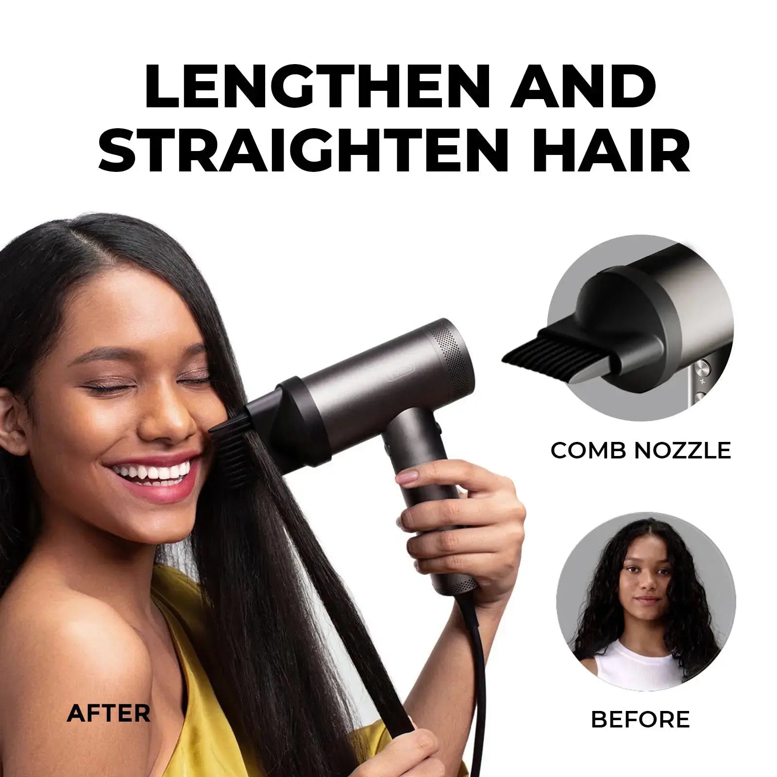 Tymo Airhype Lite Hair Dryer with 3 Nozzles - Professional Styling for Smooth, Voluminous Hair at Home & Salon
