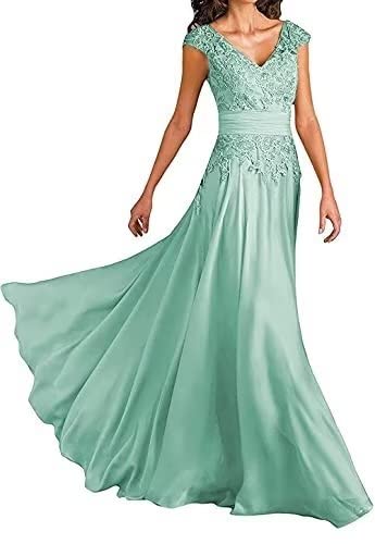 Elegant Chiffon Mother of The Bride Dress for Women - Long V Neck, Short Sleeve Formal Evening Gown Plus Size GQ15 in Mint Green | Perfect for Weddings, Parties & Special Occasions
