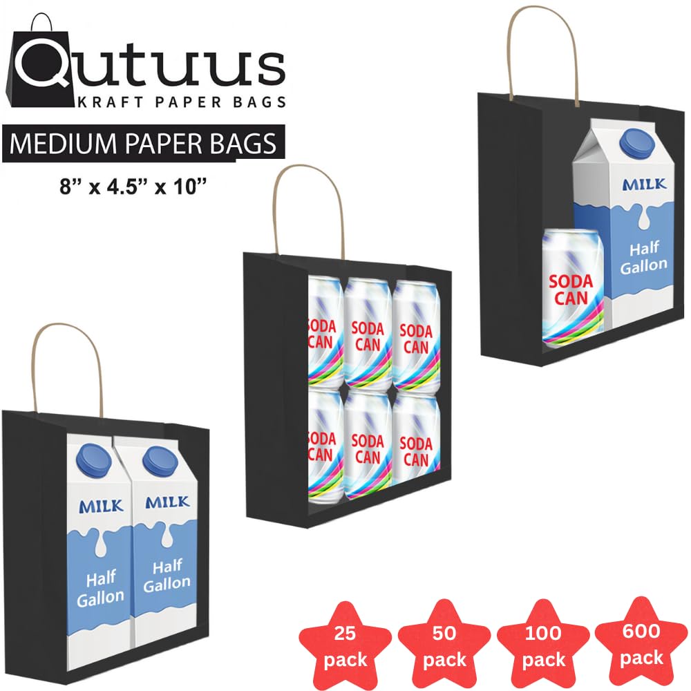 Qutuus 100-Pack Black Kraft Paper Gift Bags with Handles - 8x4.5x10 Inch Bulk Shopping Bags for Retail, Parties, Favors & Business | Eco-Friendly Merchandise Packaging for Stores, Weddings & Events