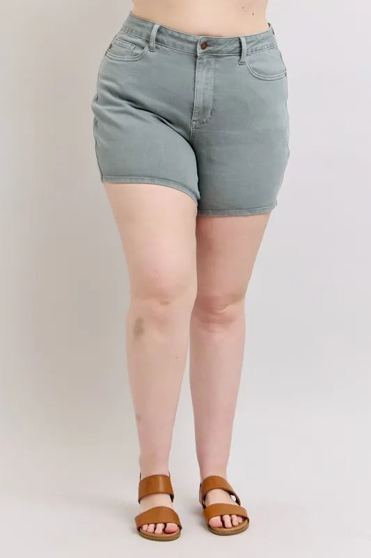 Judy Blue Women's Plus Size Garment Dyed Shorts with Back Pocket Embroidery - Comfortable Casual Wear for Summer Outings & Beach Vacations