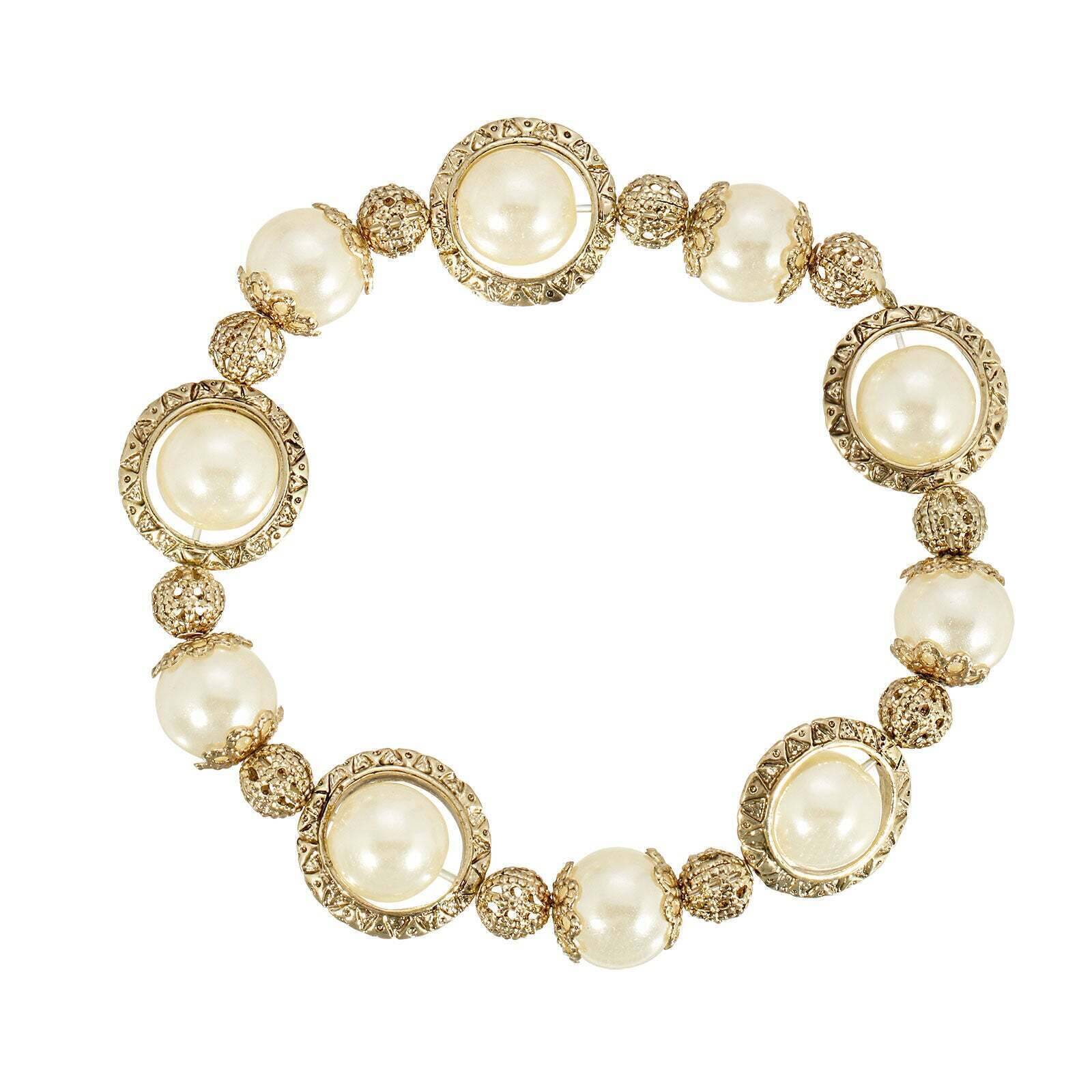 1928 Jewelry Faux Pearl Filigree Ball Stretch Bracelet for Women - Vintage Style Pearl Beaded Elastic Bracelet - Perfect for Parties, Weddings & Formal Occasions