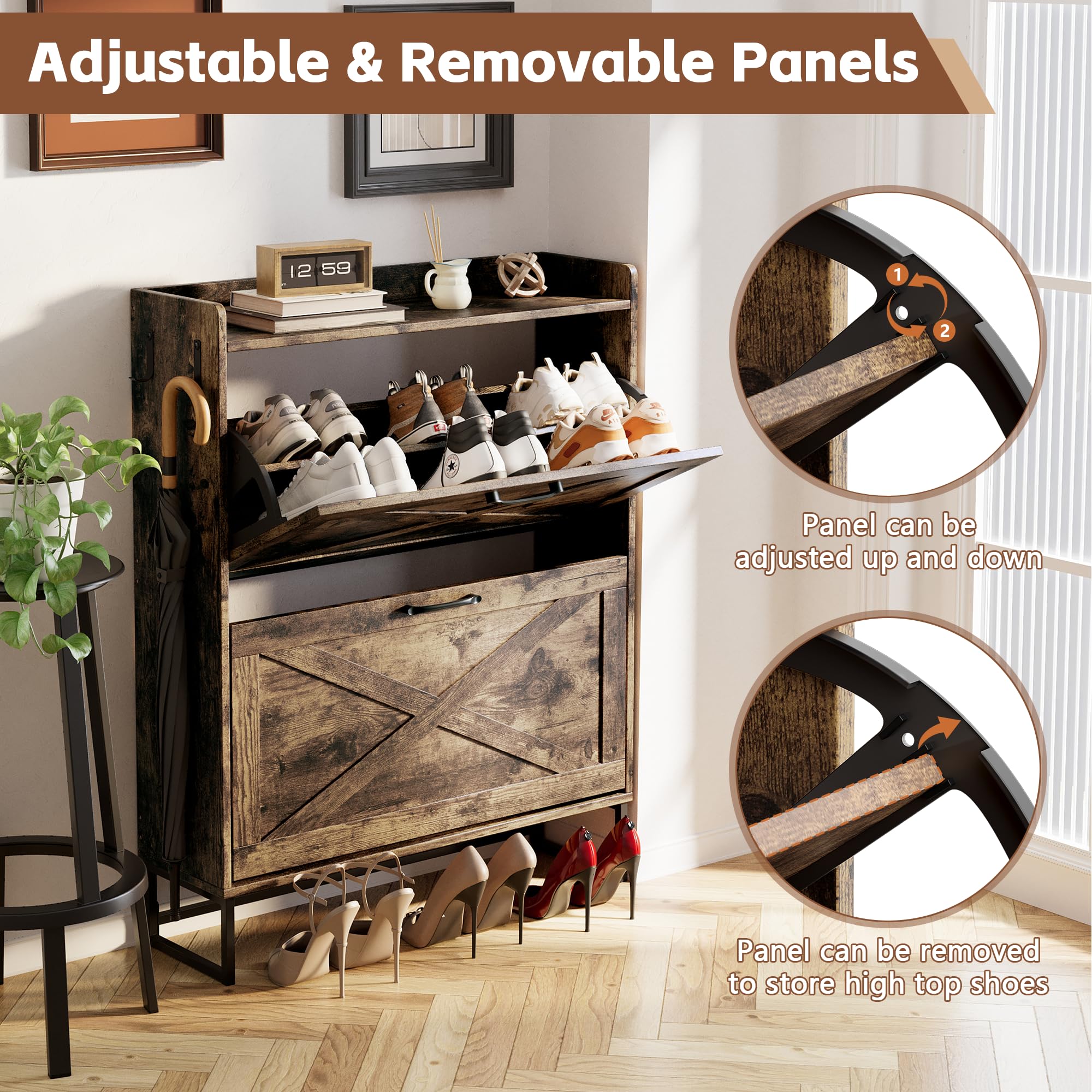 Hidden Shoe Storage Cabinet with 2 Rattan Flip Drawers & Adjustable Shelves - Entryway Shoe Organizer for Hallway, Closet | Space-Saving Shoe Rack for Small Apartments & Mudrooms