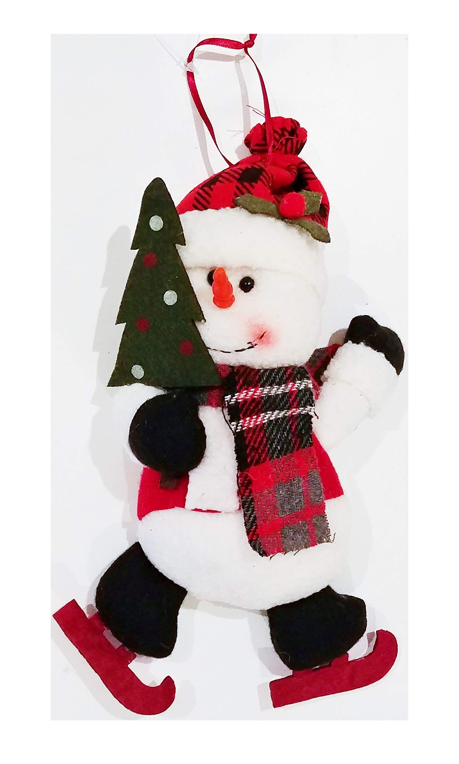 Festive Skating Snowman Christmas Ornament - Buffalo Check Plaid Hat Felt Tree Decor - Rustic Farmhouse Holiday Decoration for Xmas Tree, Mantel or Gift Giving