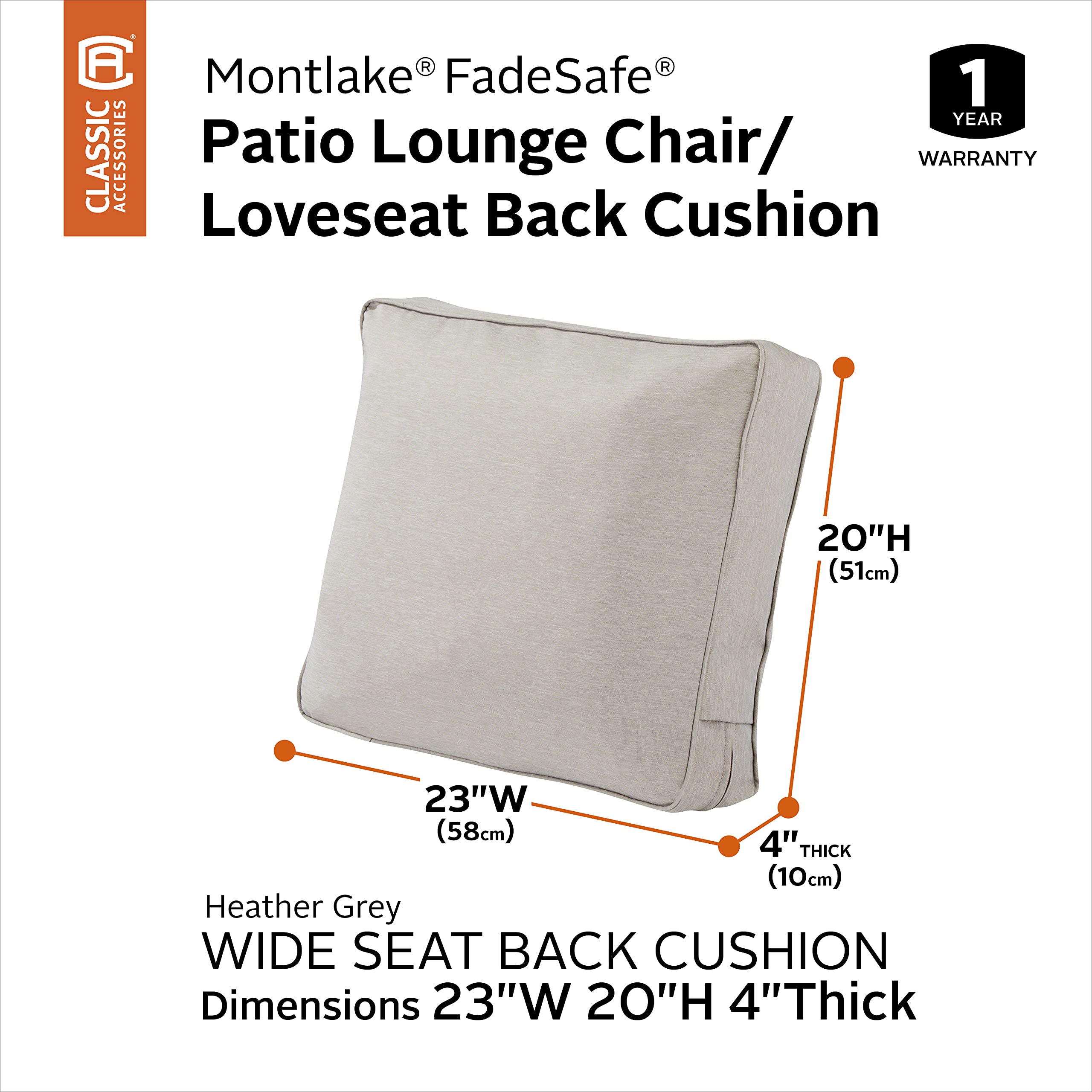 Classic Accessories Montlake FadeSafe Patio Lounge Chair & Loveseat Back Cushion - 23x20x4 Inches, Heather Grey - Outdoor Furniture Cushion for Deck, Poolside & Garden Relaxation