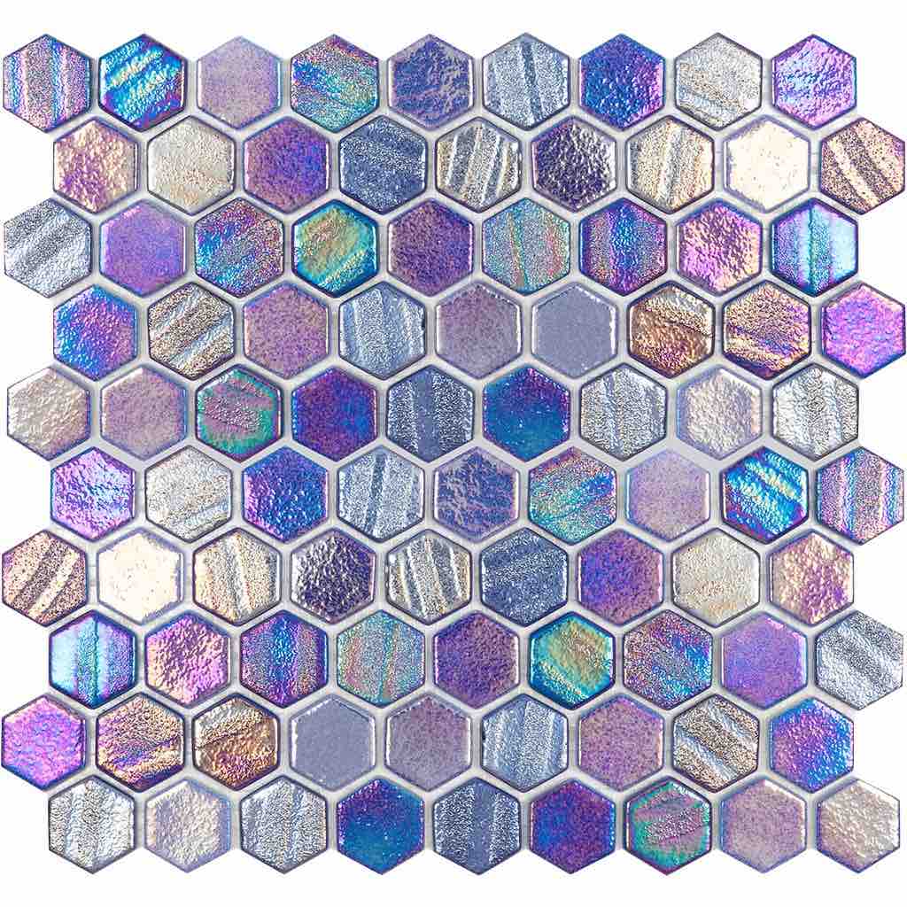 Recycled Hex Iridescent Glass Tile - Blue Mosaic for Backsplash, Bathroom & Kitchen Decor | Eco-Friendly Home Improvement
