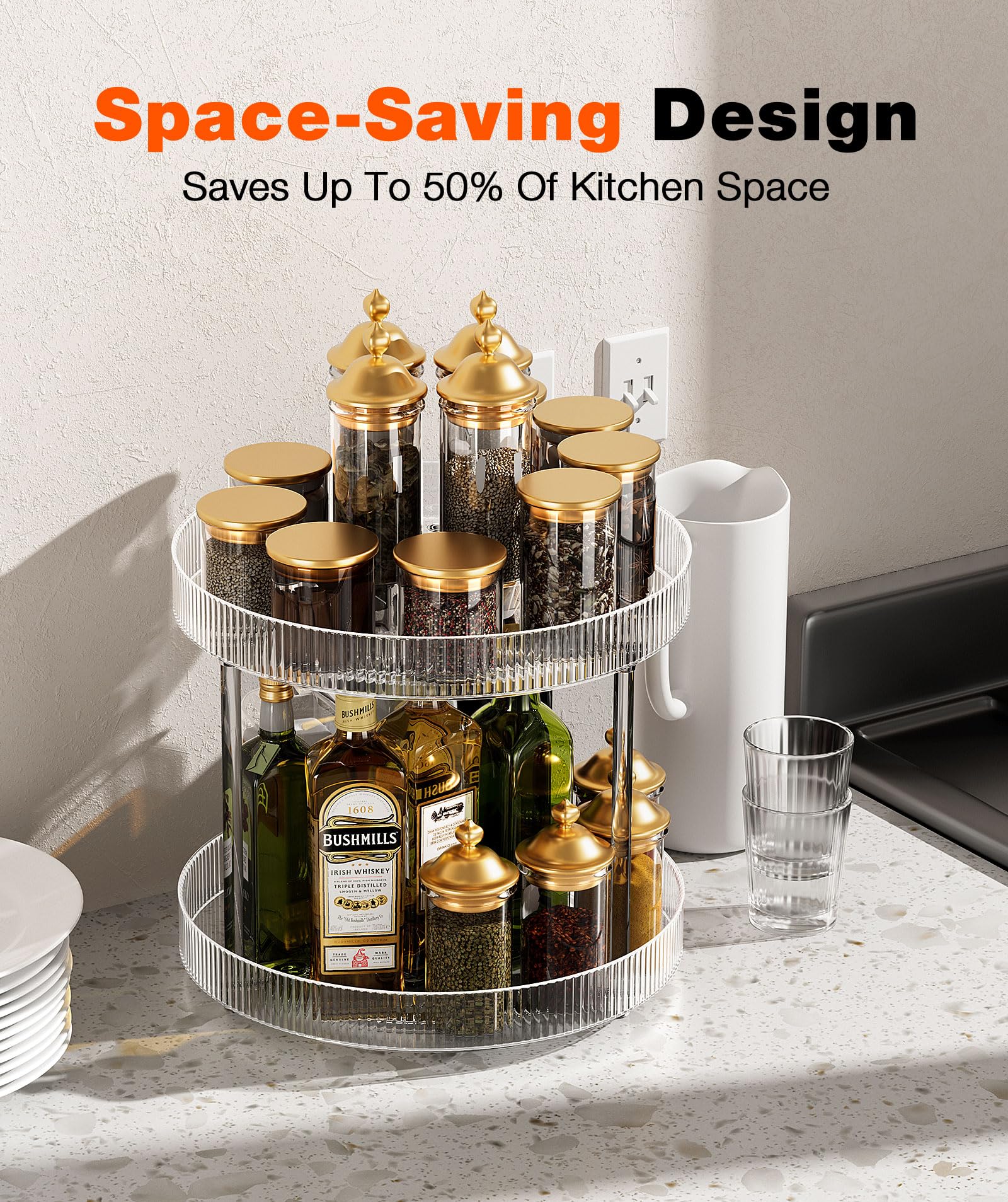 360° Clear Rotating Storage Tray - 2 Tier Lazy Susan Organizer for Bathroom Countertop | Spinning Vanity Shelf for Cosmetics, Perfume & Kitchen Supplies | Perfect for Bathroom Cabinet & Counter Organization (Medium Size)