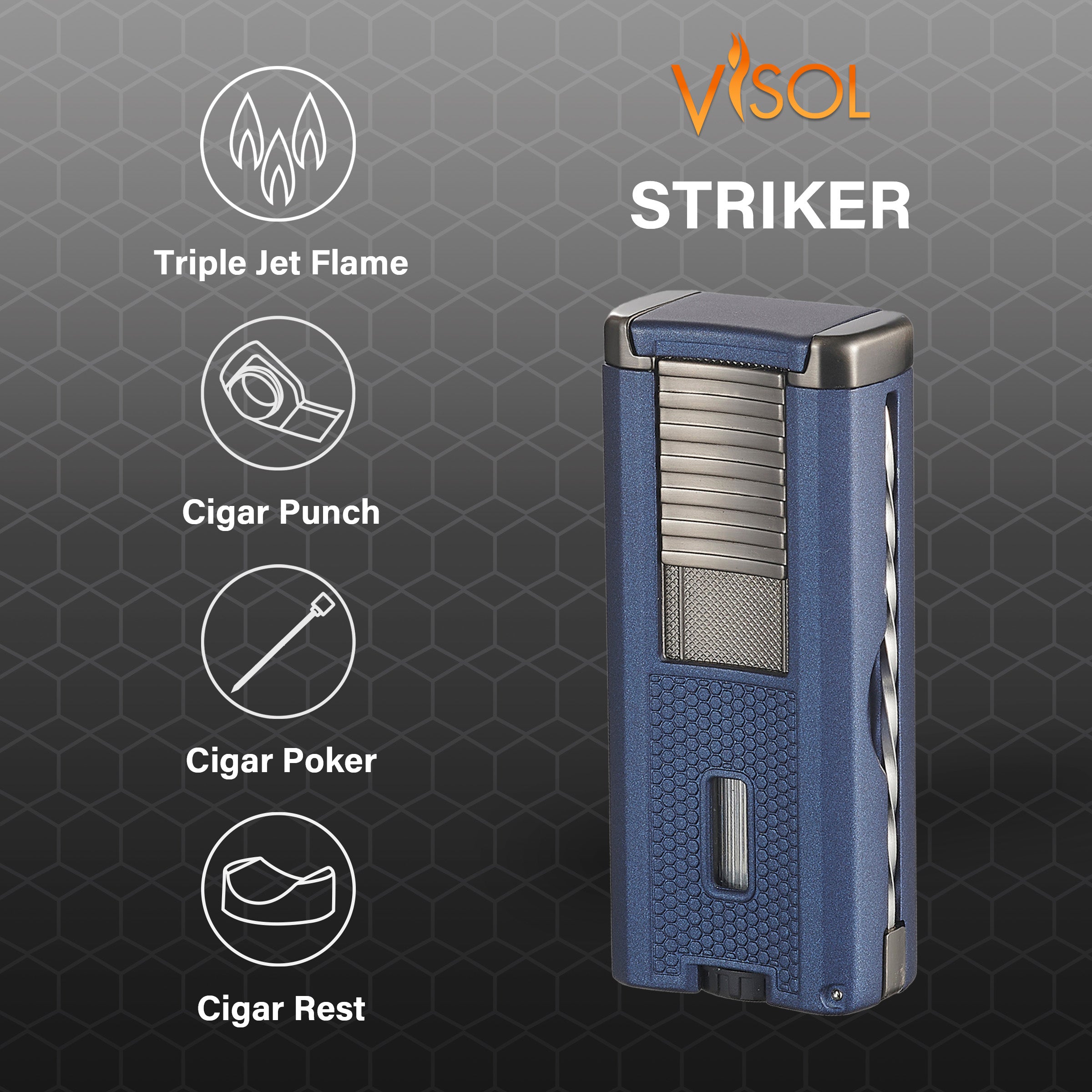 Premium Visol Striker Triple Torch Flame Lighter with Cigar Poker - Windproof Butane Lighter for Cigars, Cigarettes & Outdoor Use (Blue) - Perfect for Camping, Hiking & BBQ Parties